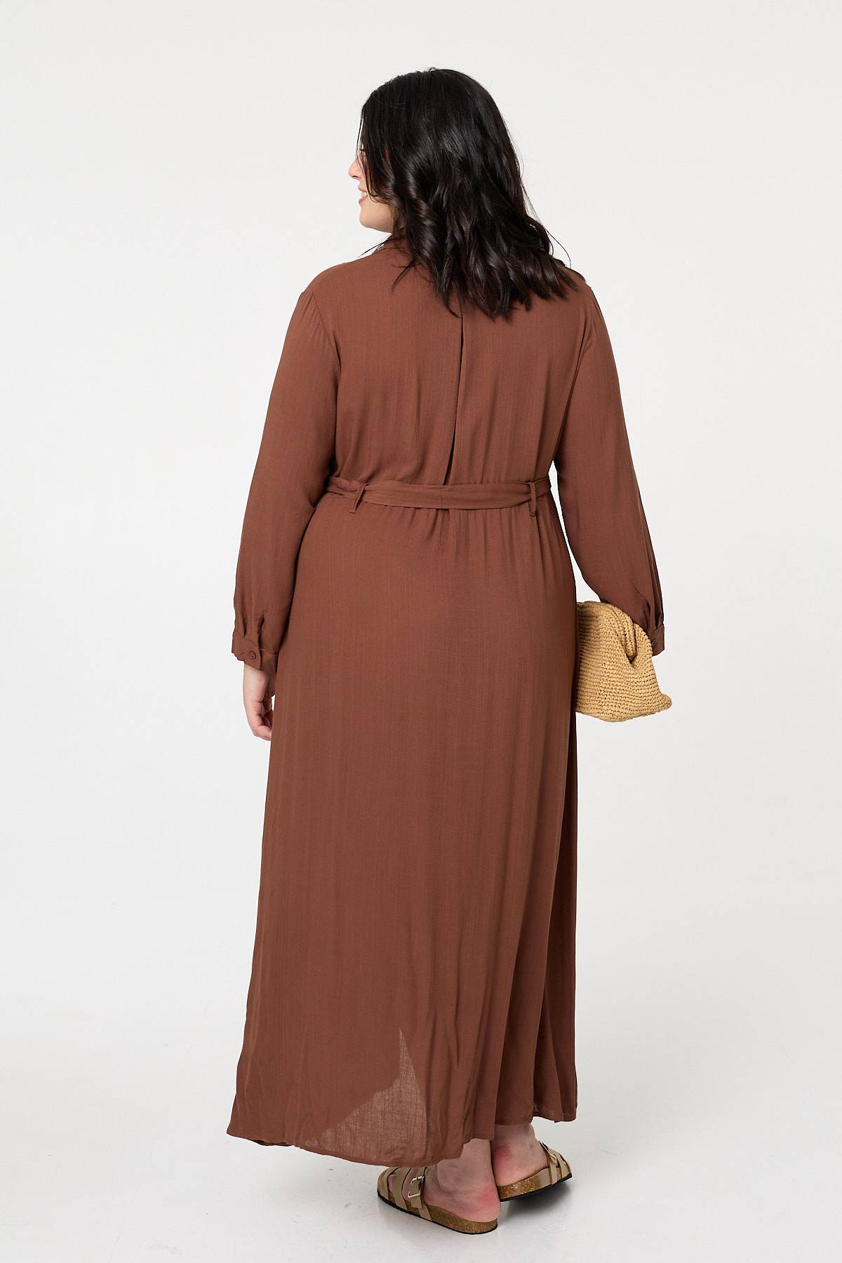 Curve Long Sleeve Tie Waist Maxi Dress Detail View