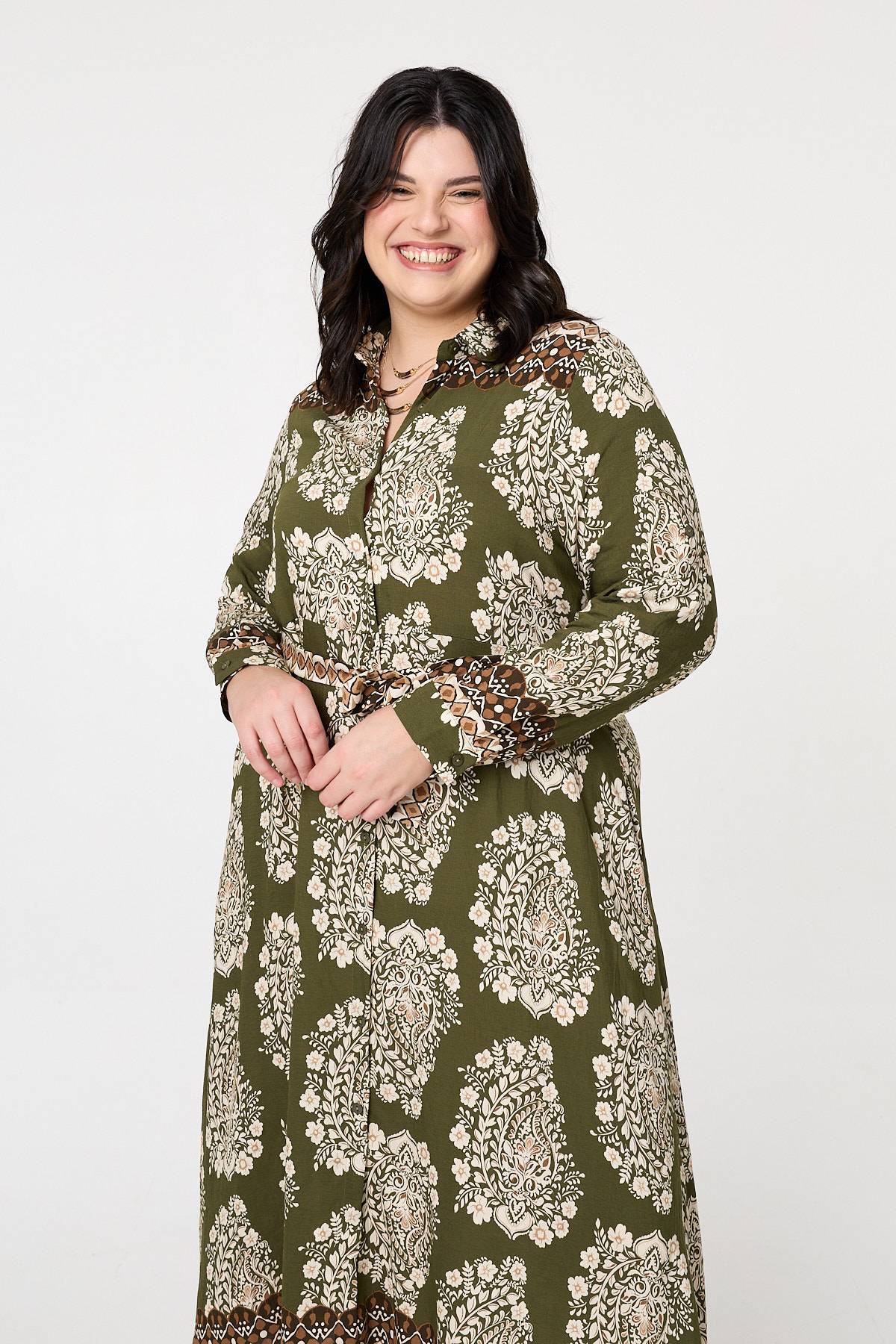 Curve Printed Tie Waist Maxi Shirt Dress Back View