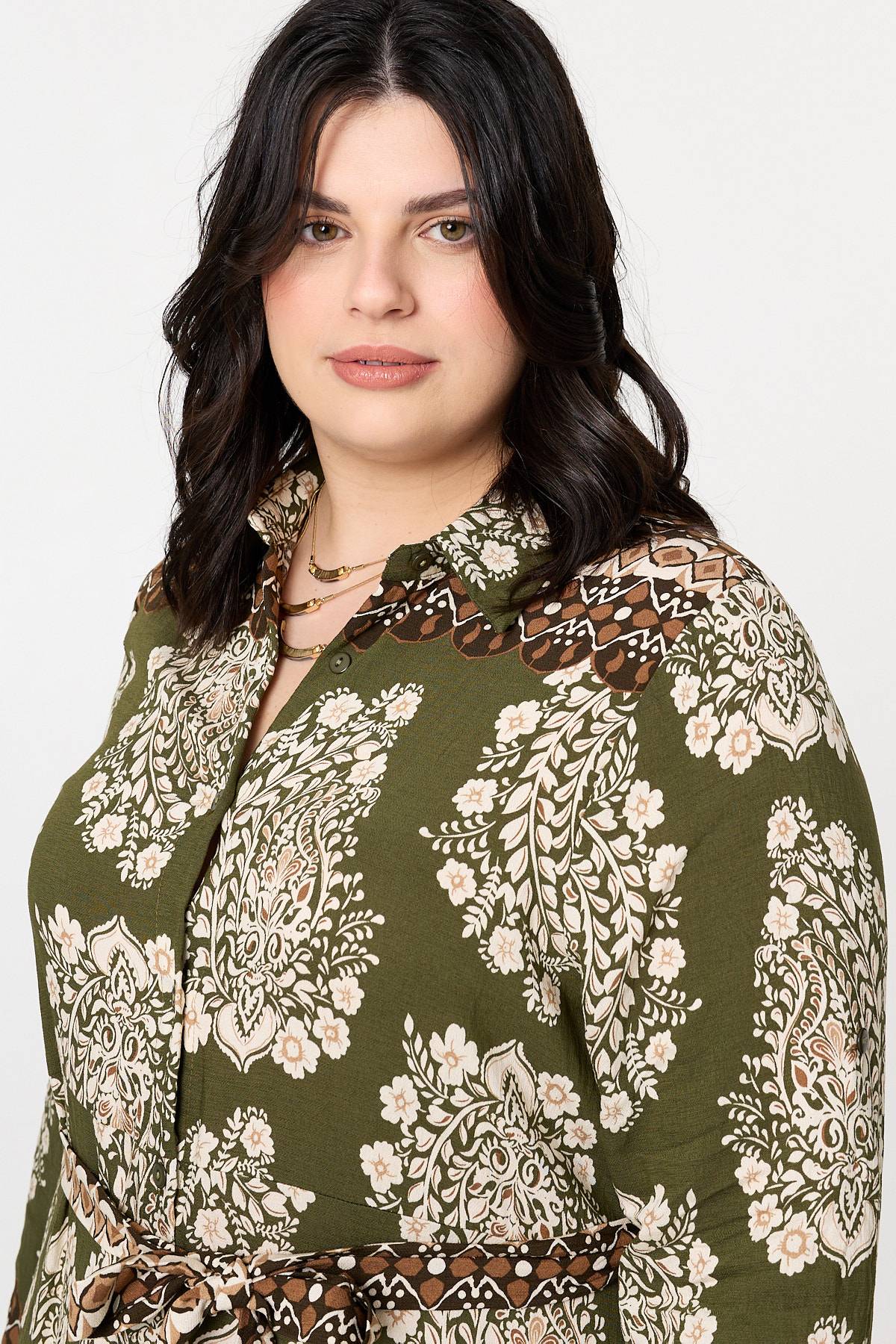 Curve Printed Tie Waist Maxi Shirt Dress Full Length View
