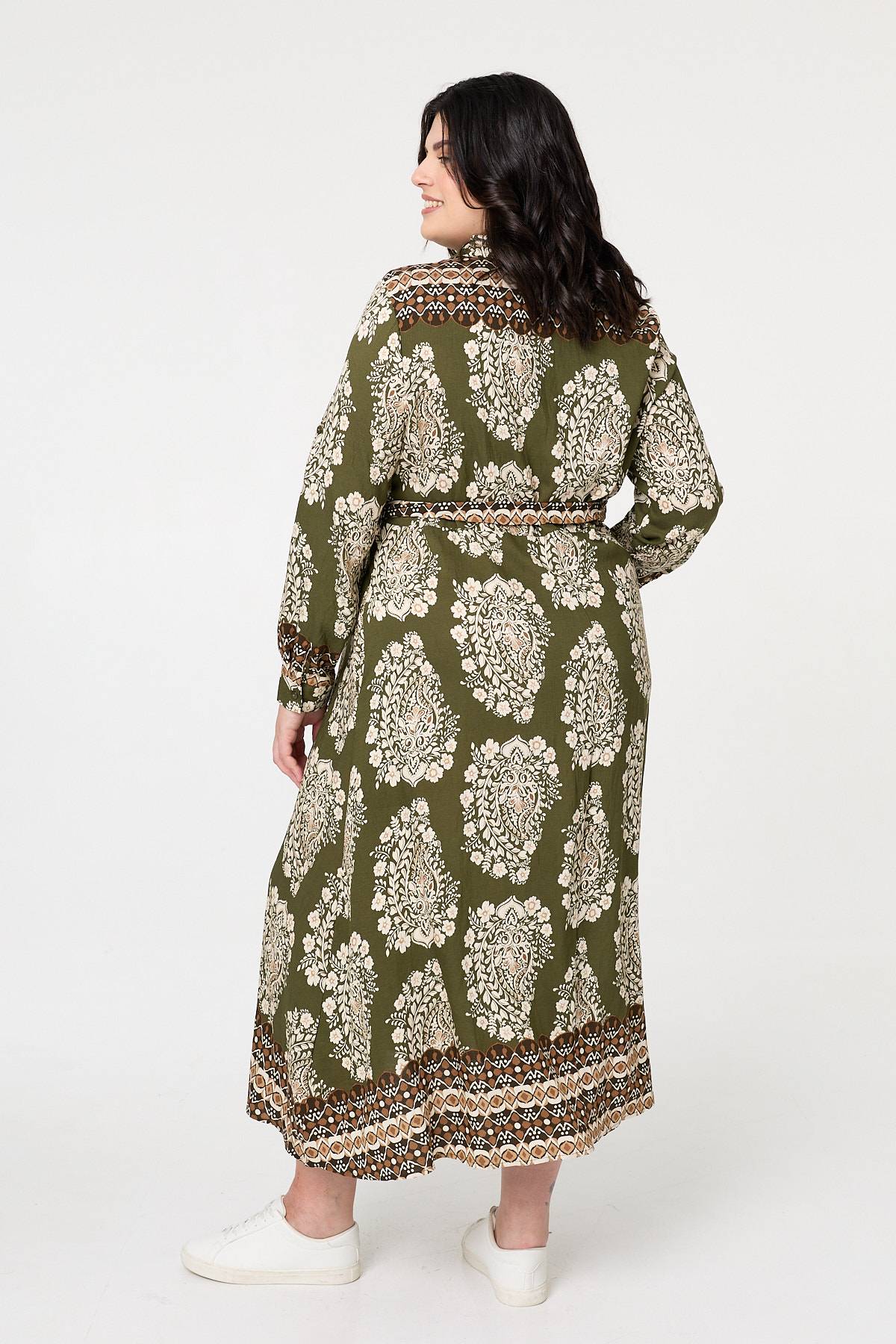 Curve Printed Tie Waist Maxi Shirt Dress Detail View