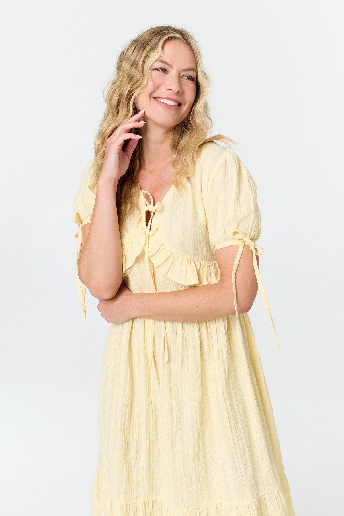 Ruffle Front Short Sleeve Midi Dress Back View