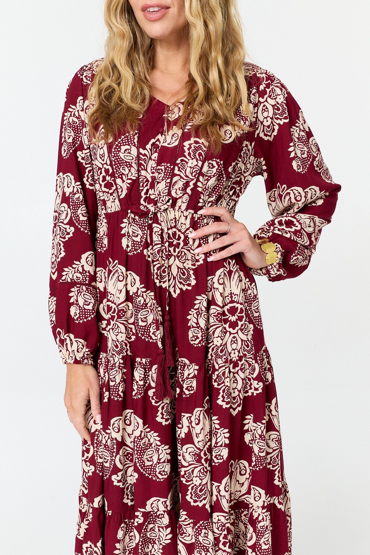 Floral Long Sleeve Relaxed Midi Dress Full Length View