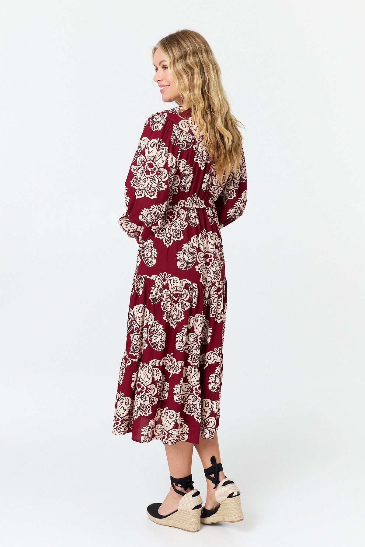 Floral Long Sleeve Relaxed Midi Dress Detail View
