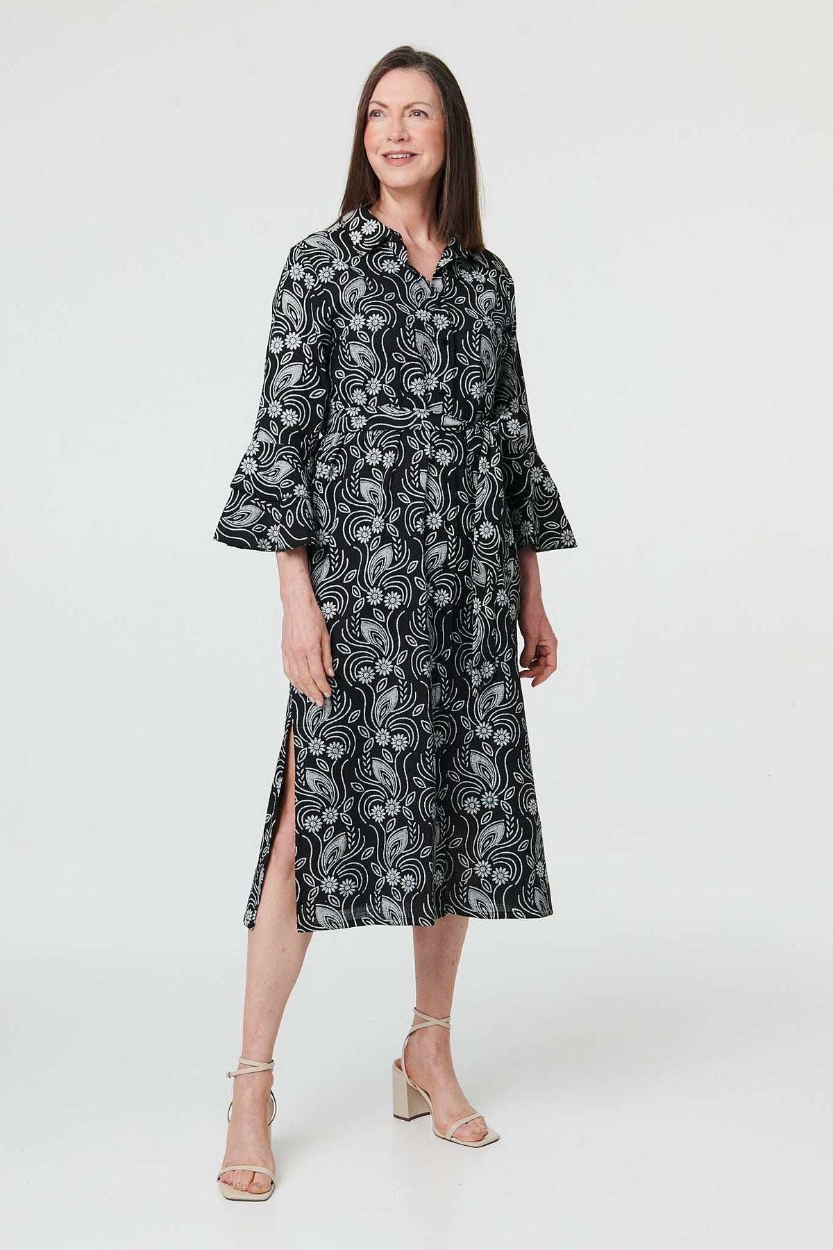 Floral 3/4 Sleeve Tie Midi Shirt Dress Front View