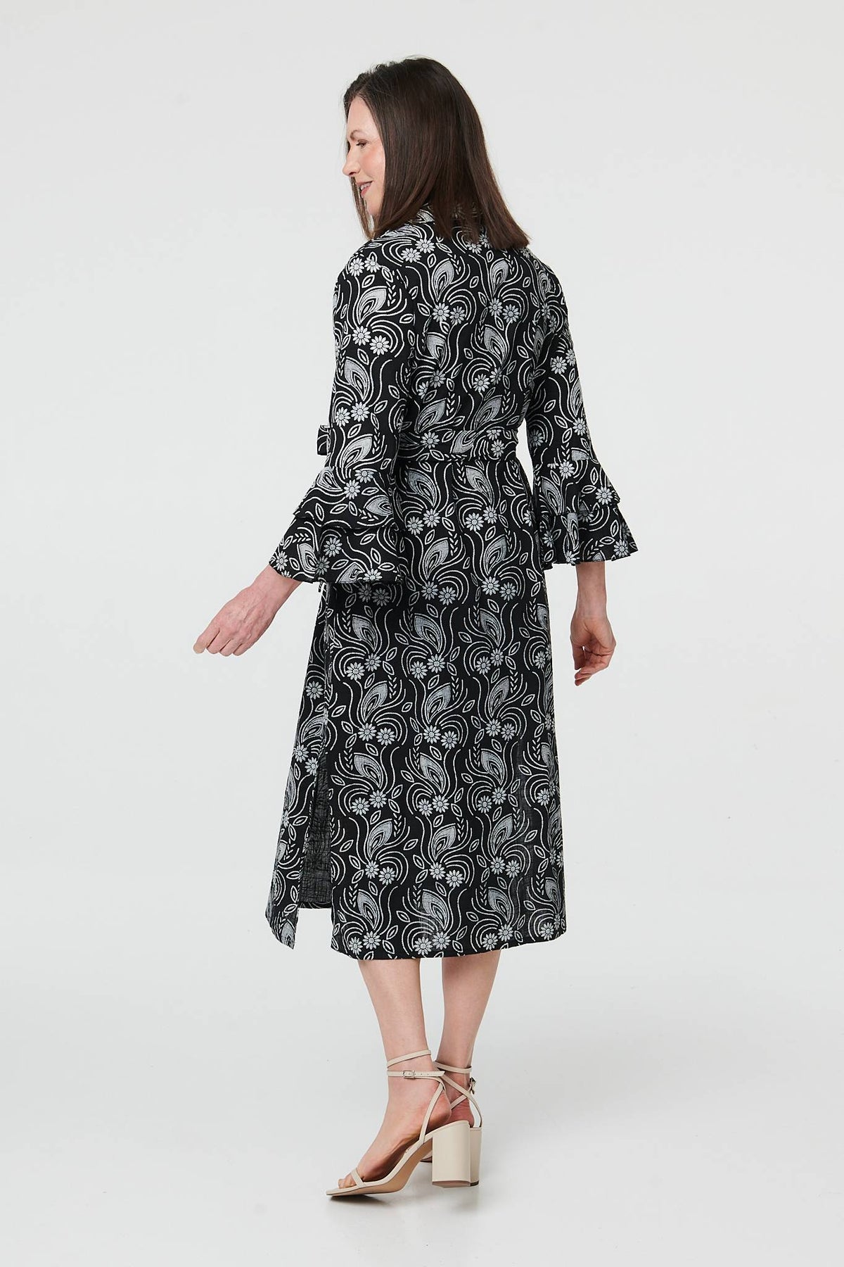 Floral 3/4 Sleeve Tie Midi Shirt Dress Detail View