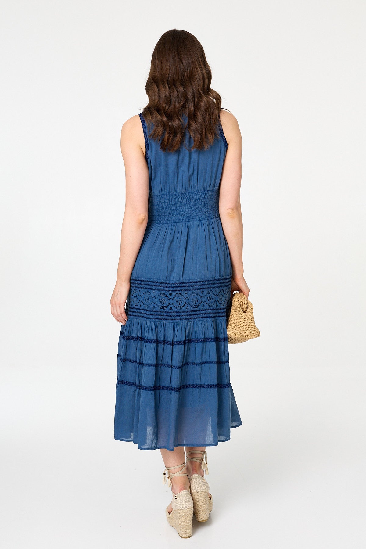 Embroidered Tiered Sleeveless Midi Dress Styled View
