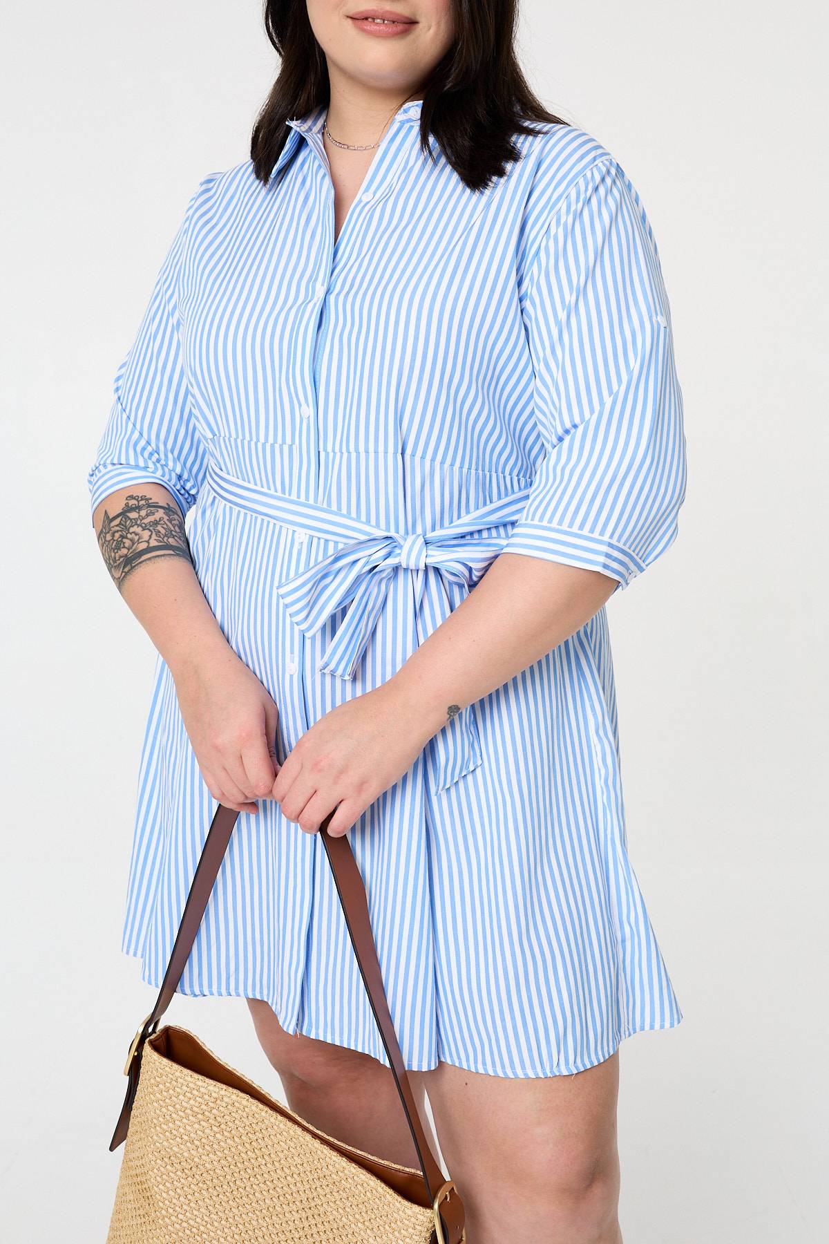 Curve Striped Knee Length Shirt Dress Styled View
