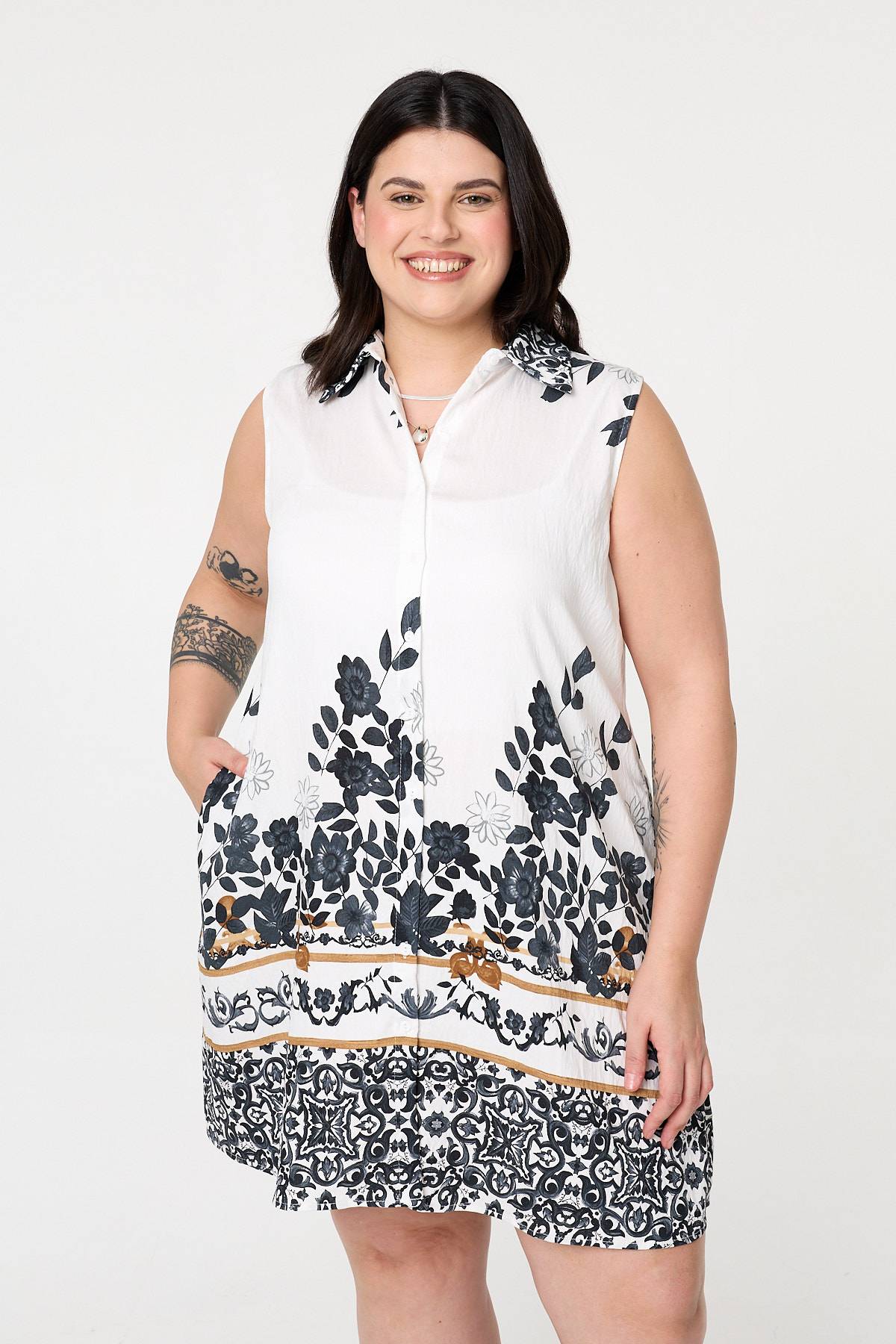 Curve Floral Knee Length Shirt Dress Front View