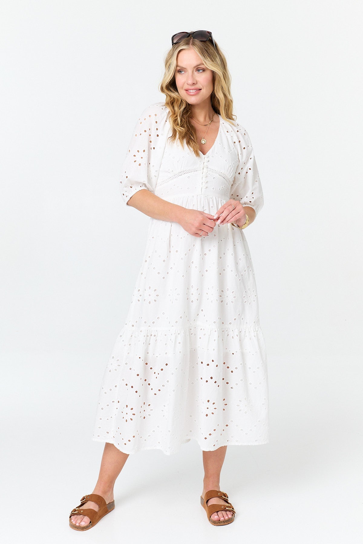 Broderie Anglaise 1/2 Sleeve Midi Dress Front View