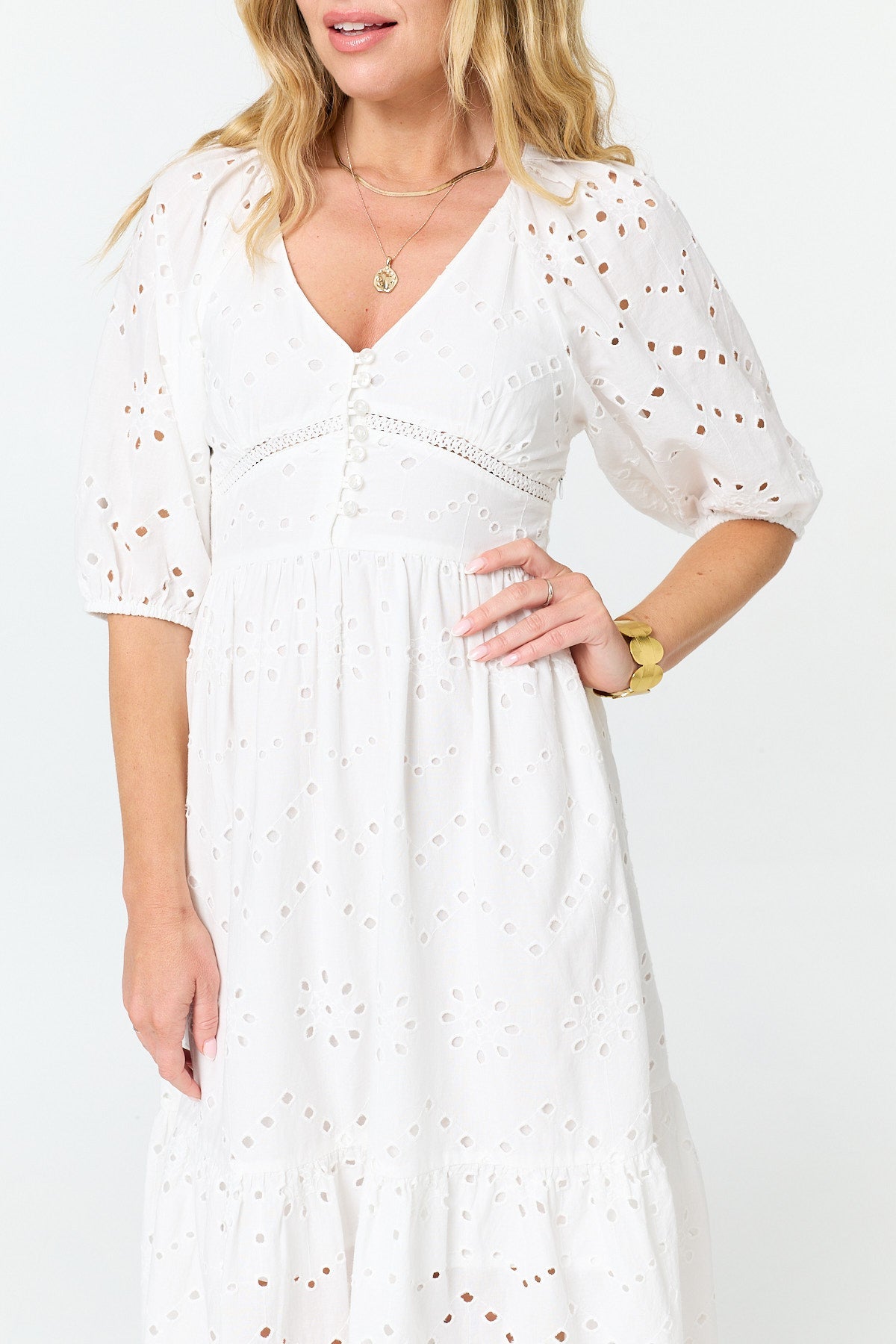 Broderie Anglaise 1/2 Sleeve Midi Dress Front View 2