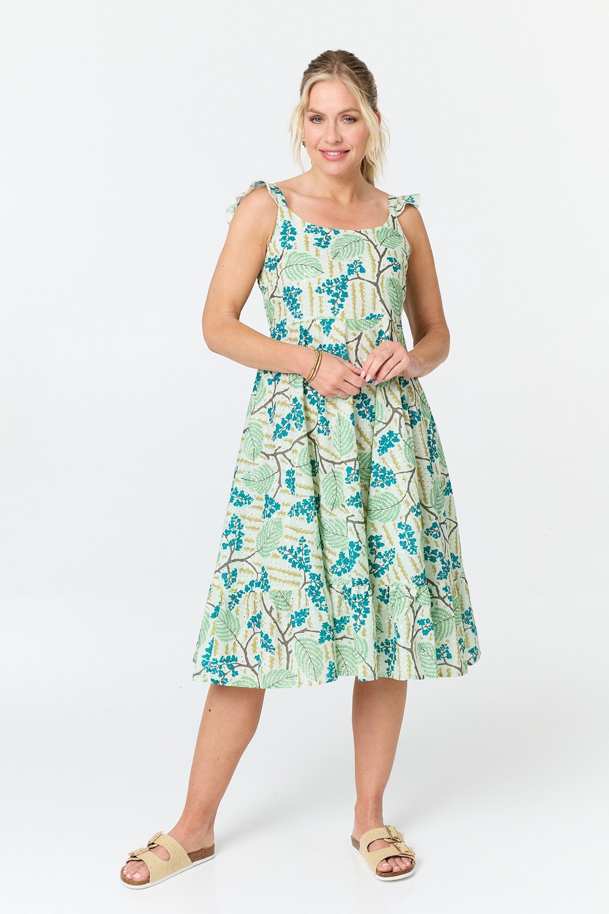 Leaf Print Frilled Strap Midi Dress Front View