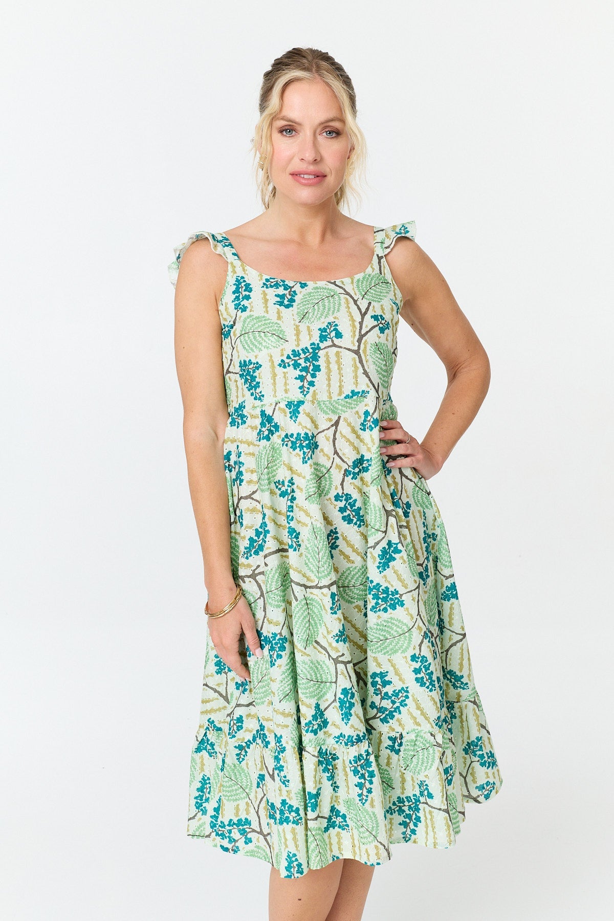 Leaf Print Frilled Strap Midi Dress Back View