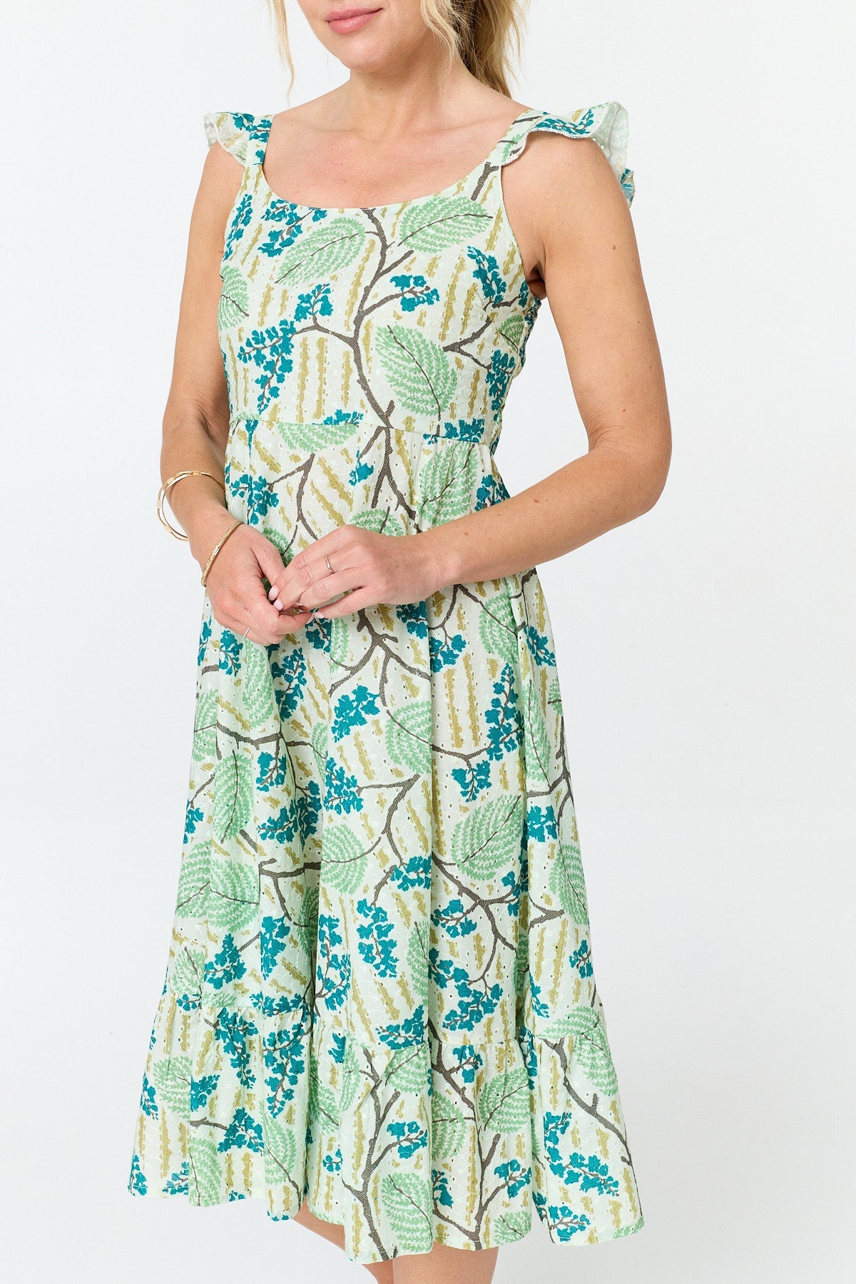 Leaf Print Frilled Strap Midi Dress Styled View