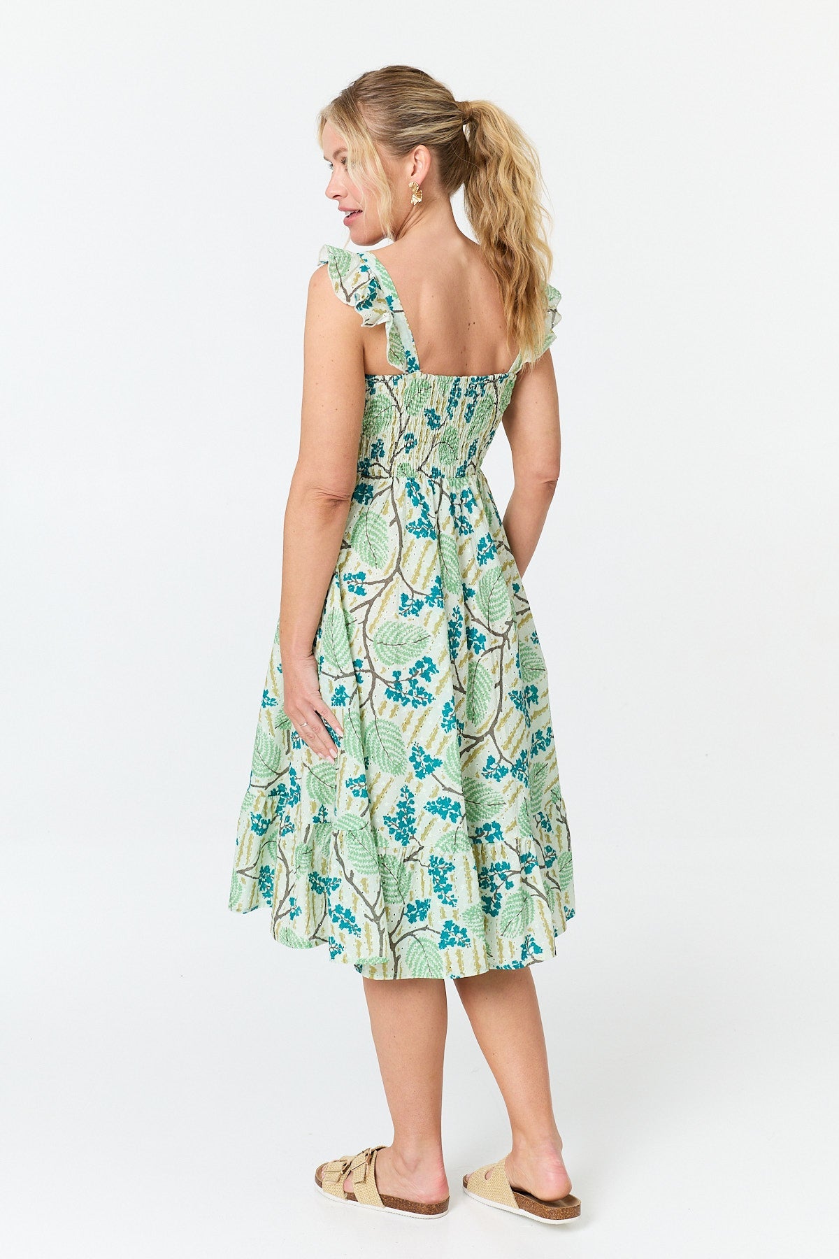 Leaf Print Frilled Strap Midi Dress Side View