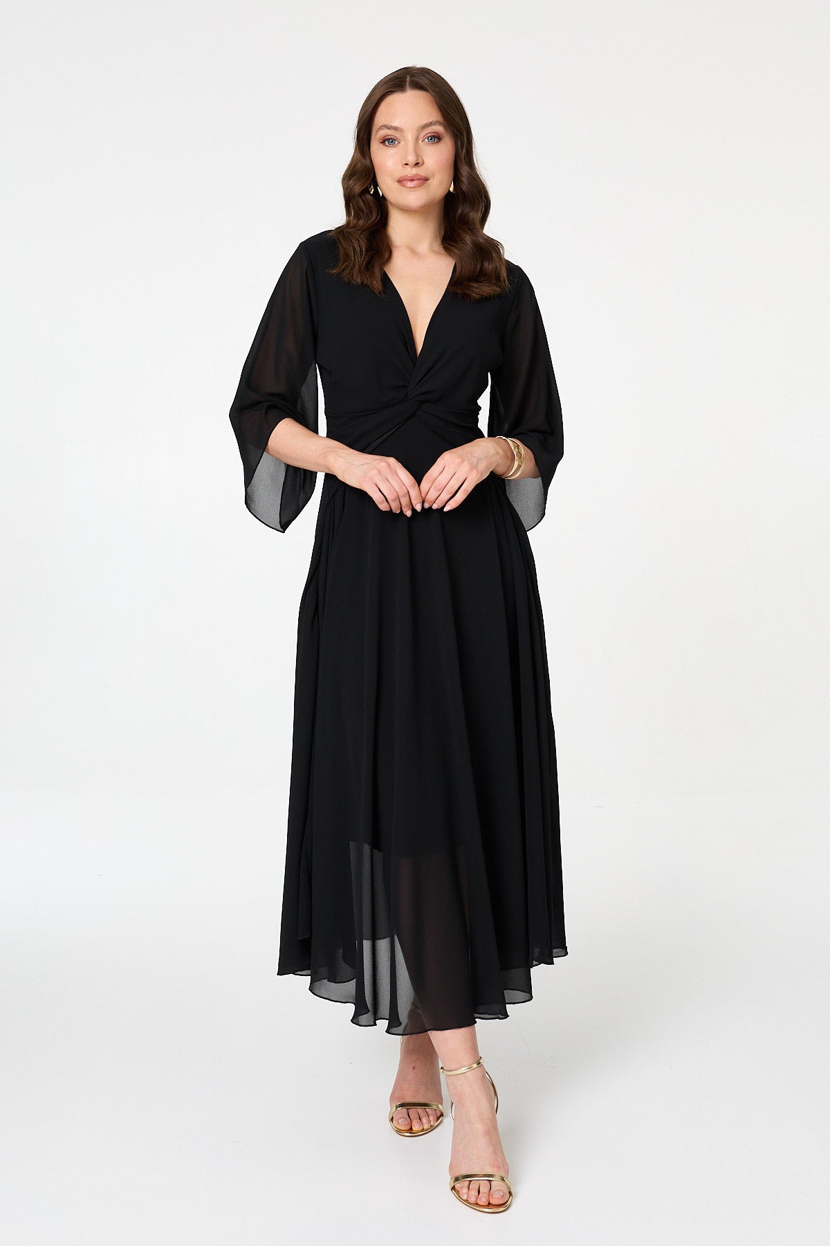 Twist Front Layer 3/4 Sleeve Maxi Dress Front View