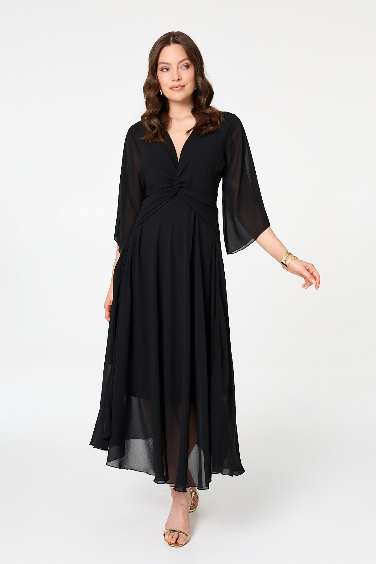 Twist Front Layer 3/4 Sleeve Maxi Dress Styled View