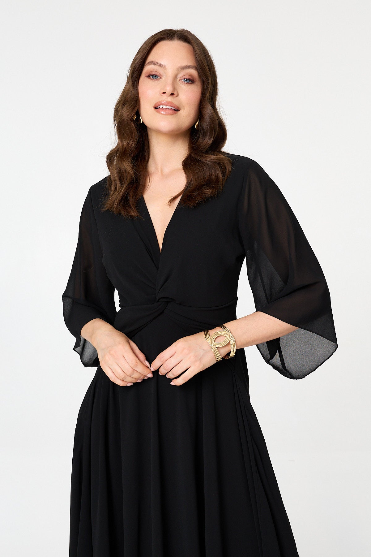 Twist Front Layer 3/4 Sleeve Maxi Dress Back View