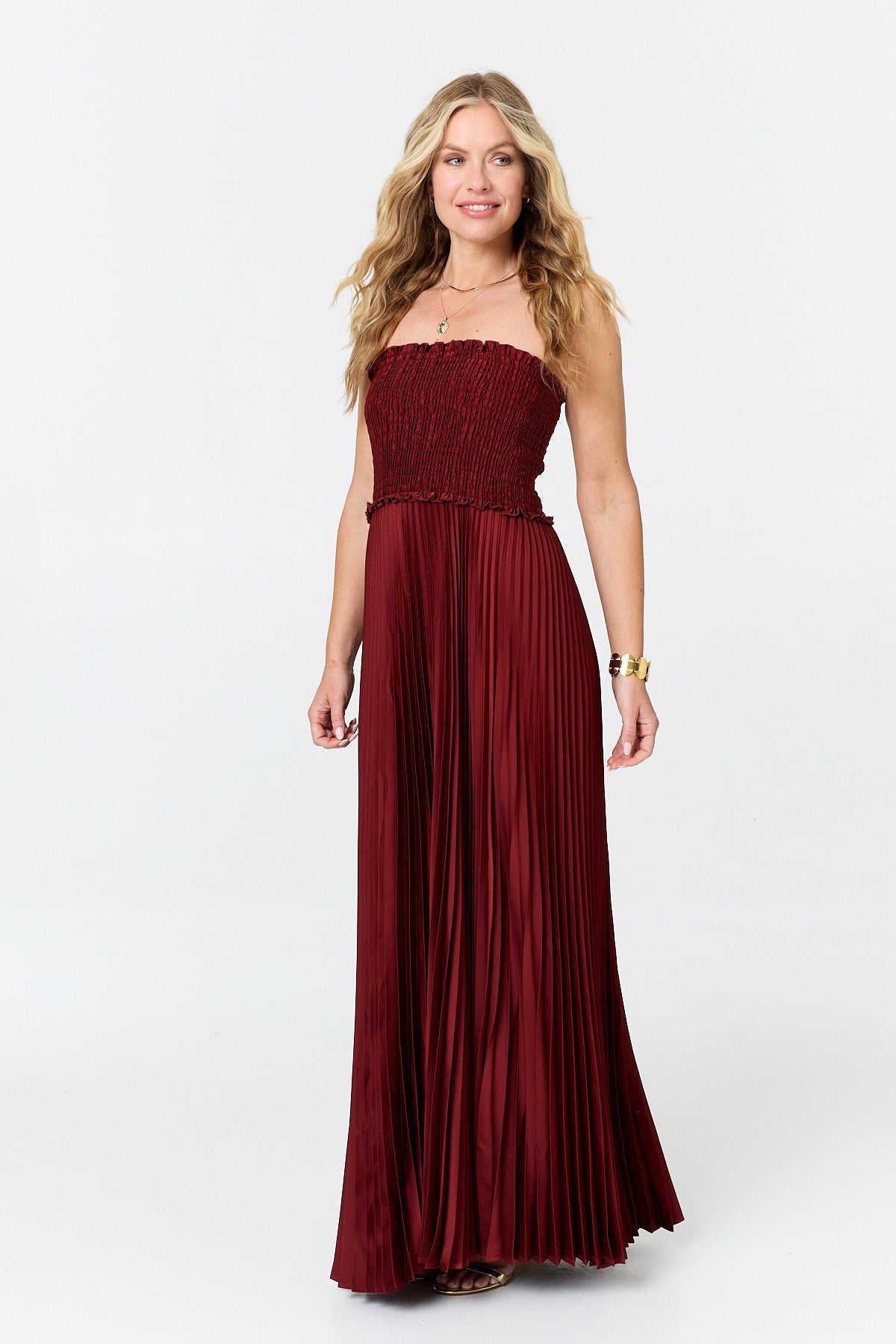 Pleated Texture Strapless Maxi Dress Front View