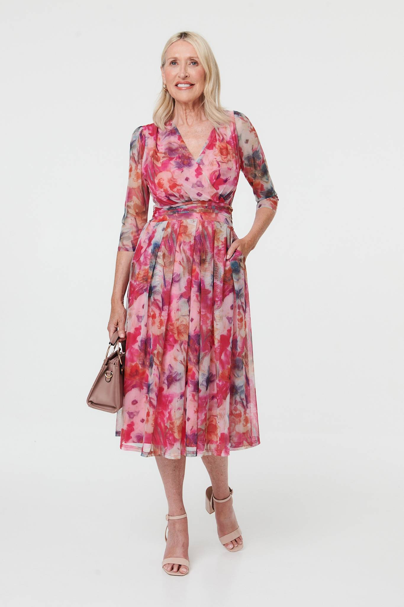 Floral Mesh Layered Pleated Midi Dress Front View