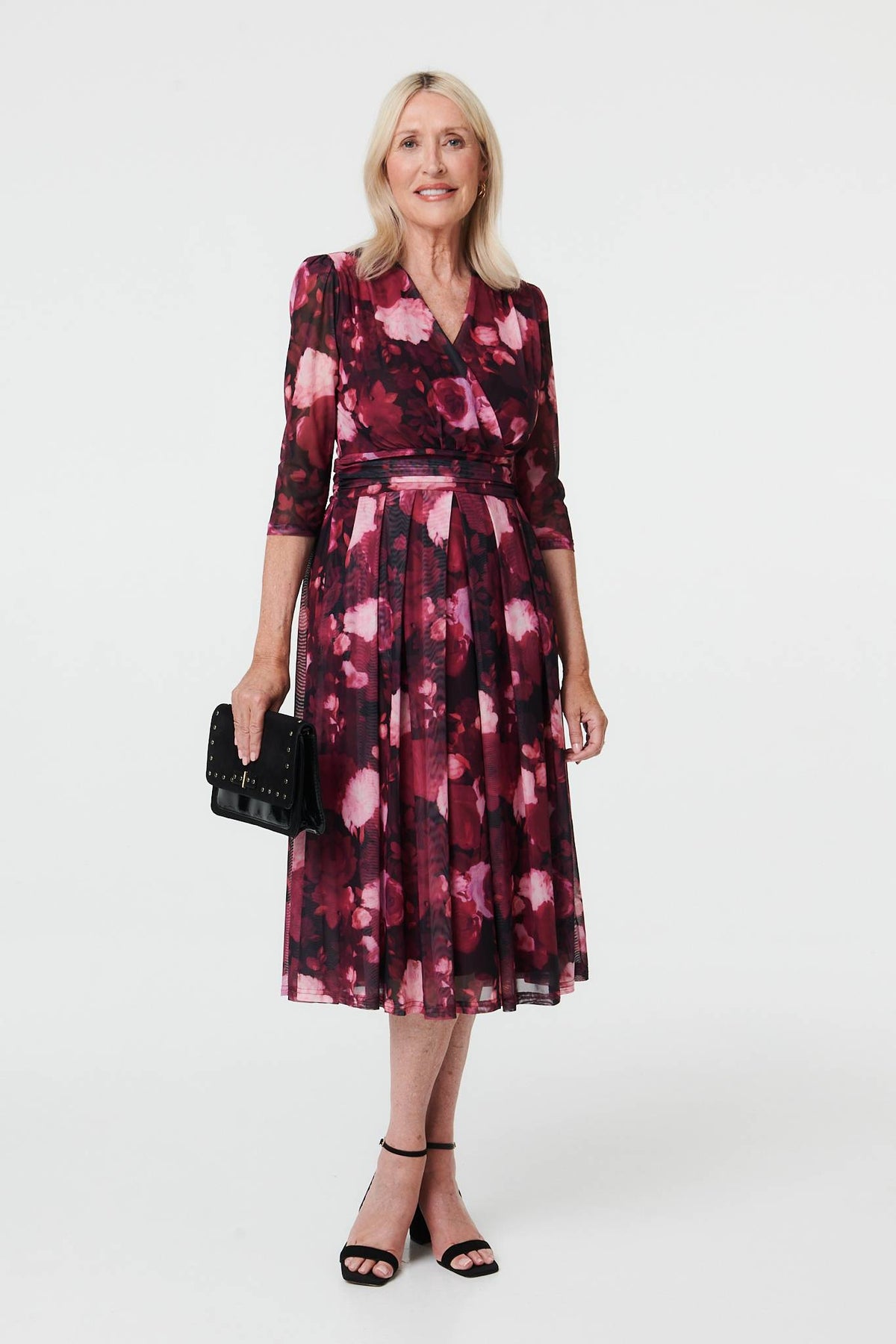 Floral 3/4 Sleeve Pleat Wrap Midi Dress Front View