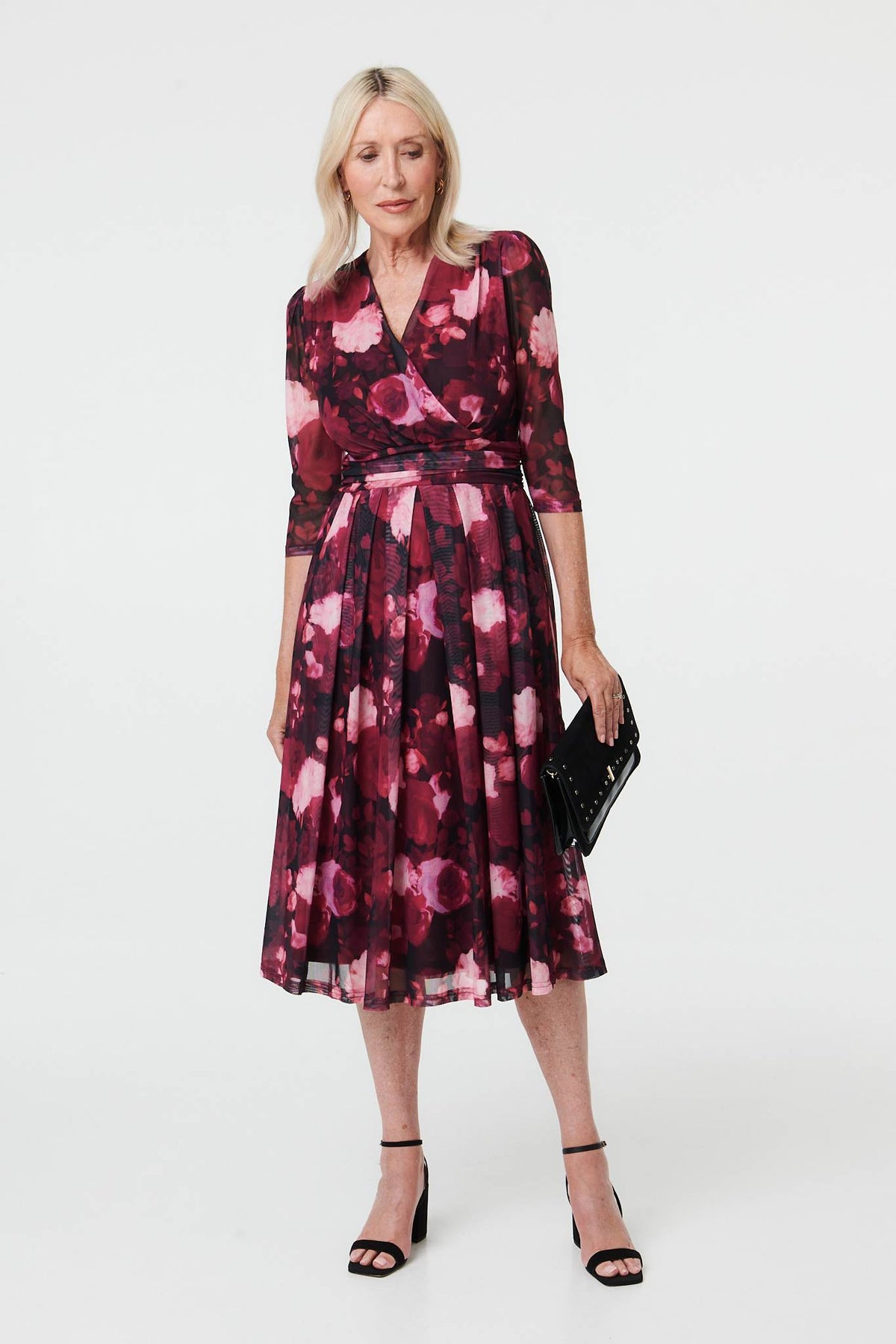 Floral 3/4 Sleeve Pleat Wrap Midi Dress Detail View
