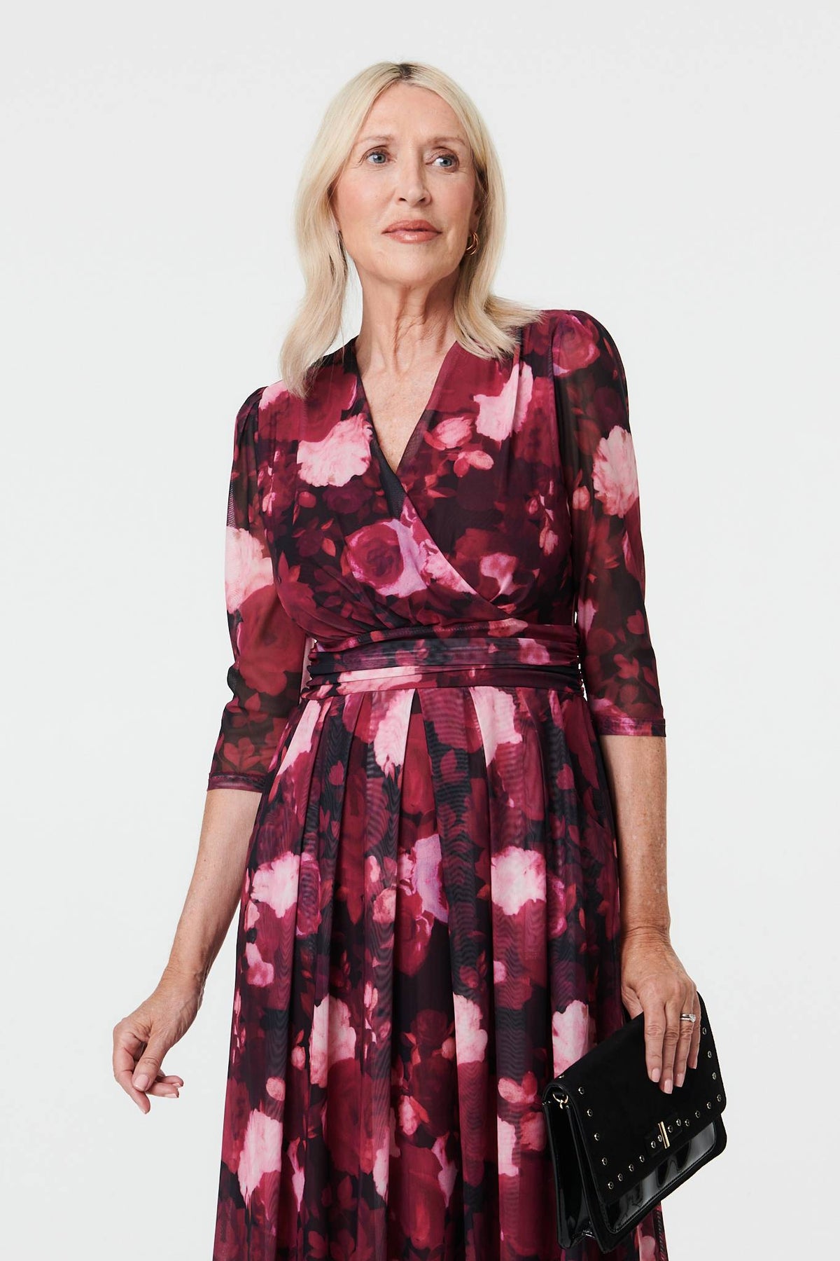 Floral 3/4 Sleeve Pleat Wrap Midi Dress Back View
