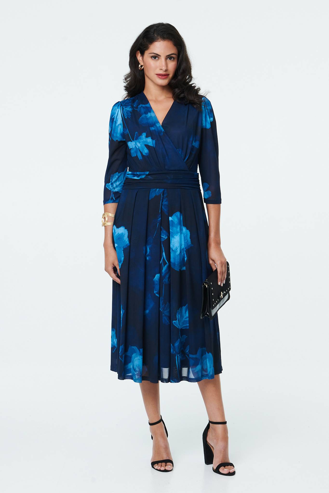 Printed Ruched Faux Wrap Midi Dress Front View