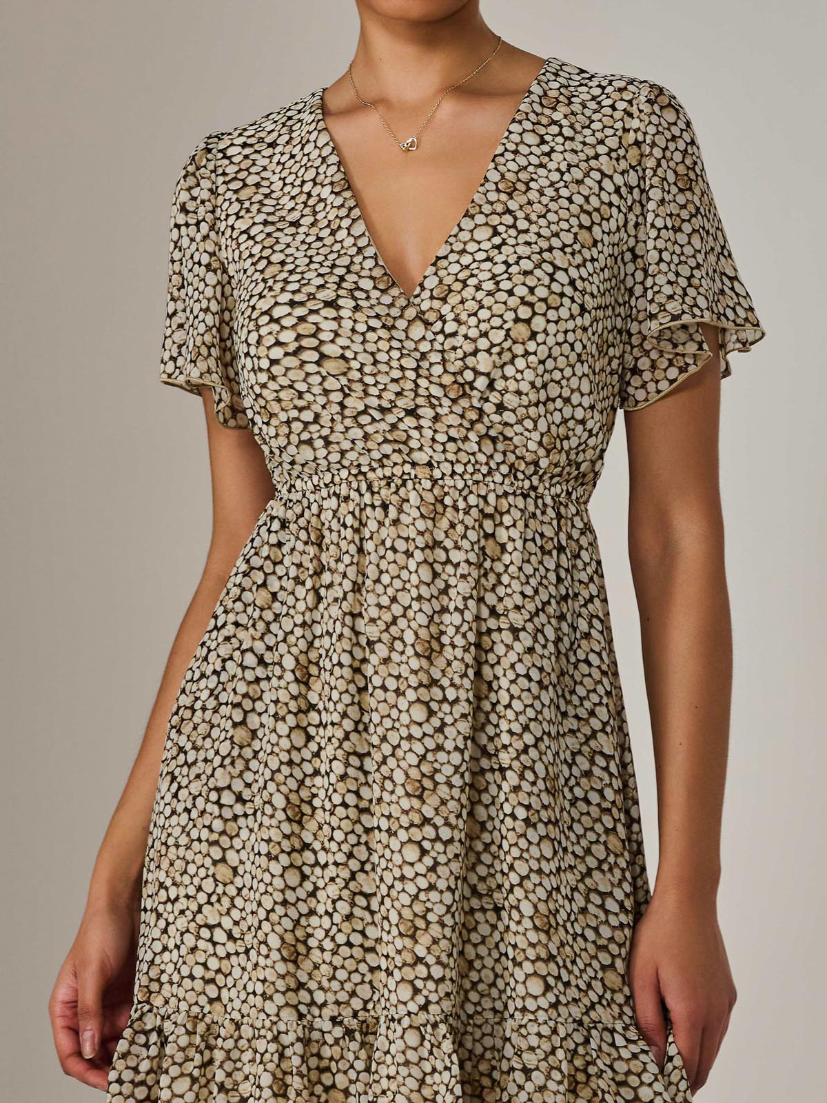 Chiffon Short Sleeve Tie Waist Mini Dress BLACK CREAM Side View
