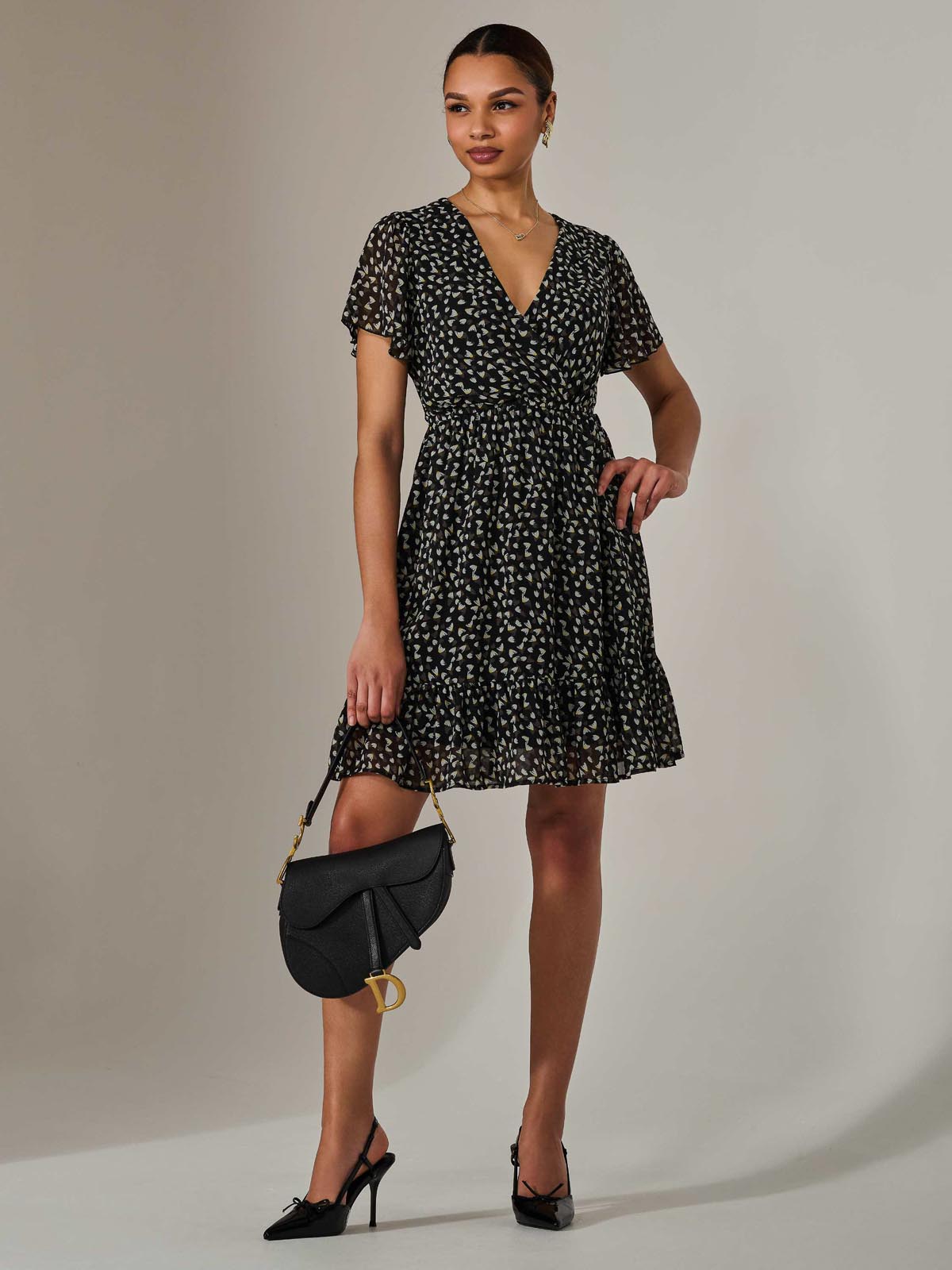 Chiffon Short Sleeve Tie Waist Mini Dress Front View