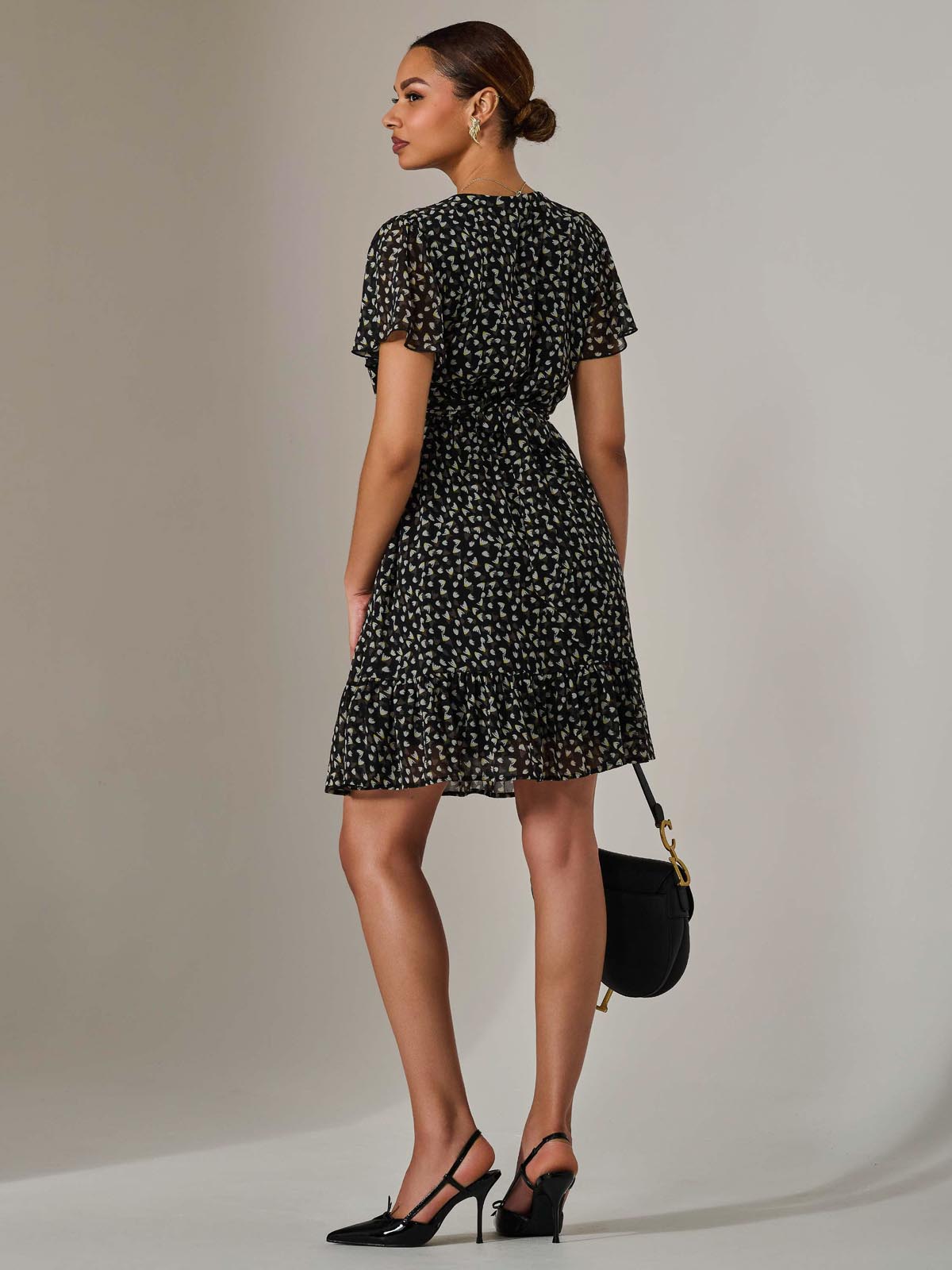 Chiffon Short Sleeve Tie Waist Mini Dress Back View