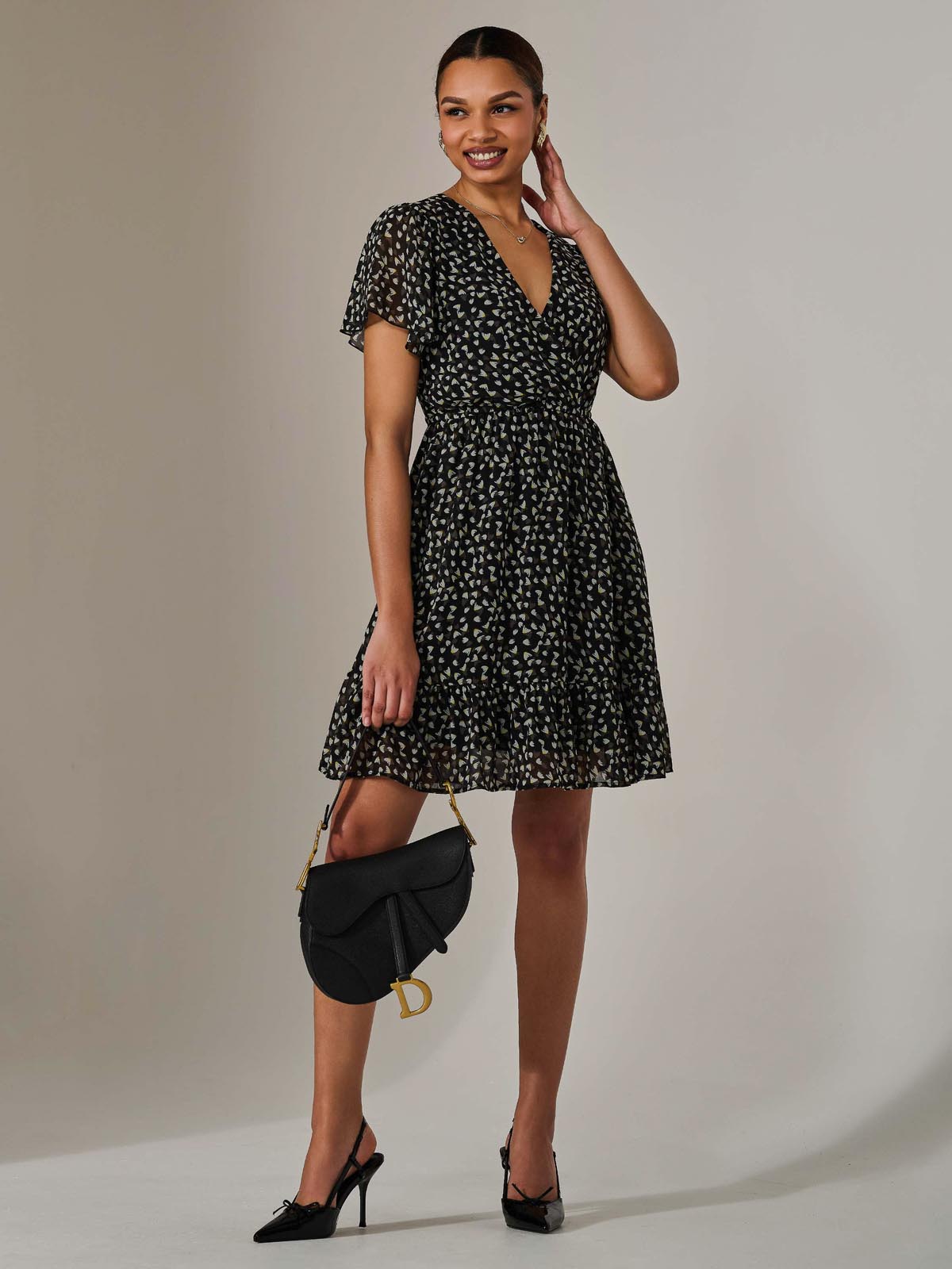 Chiffon Short Sleeve Tie Waist Mini Dress Detail View