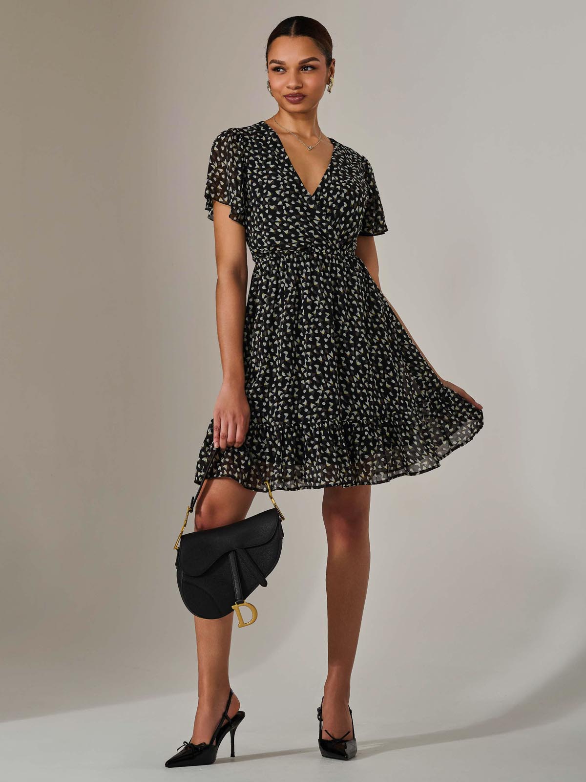 Chiffon Short Sleeve Tie Waist Mini Dress Styled View