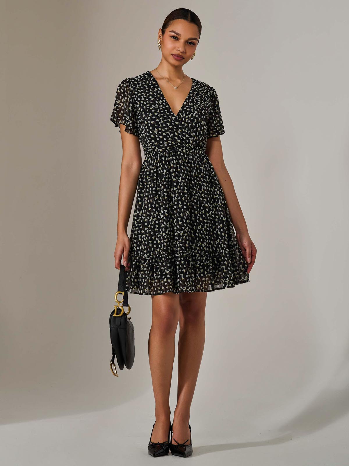 Chiffon Short Sleeve Tie Waist Mini Dress Front View 2