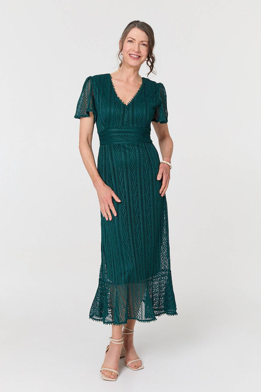 Lace Layered Short Sleeve Midi Dress Side View 2