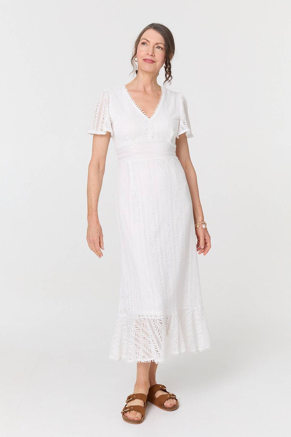Lace Layered Short Sleeve Midi Dress Front View 2
