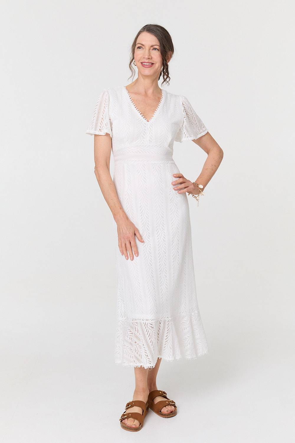 Lace Layered Short Sleeve Midi Dress Front View