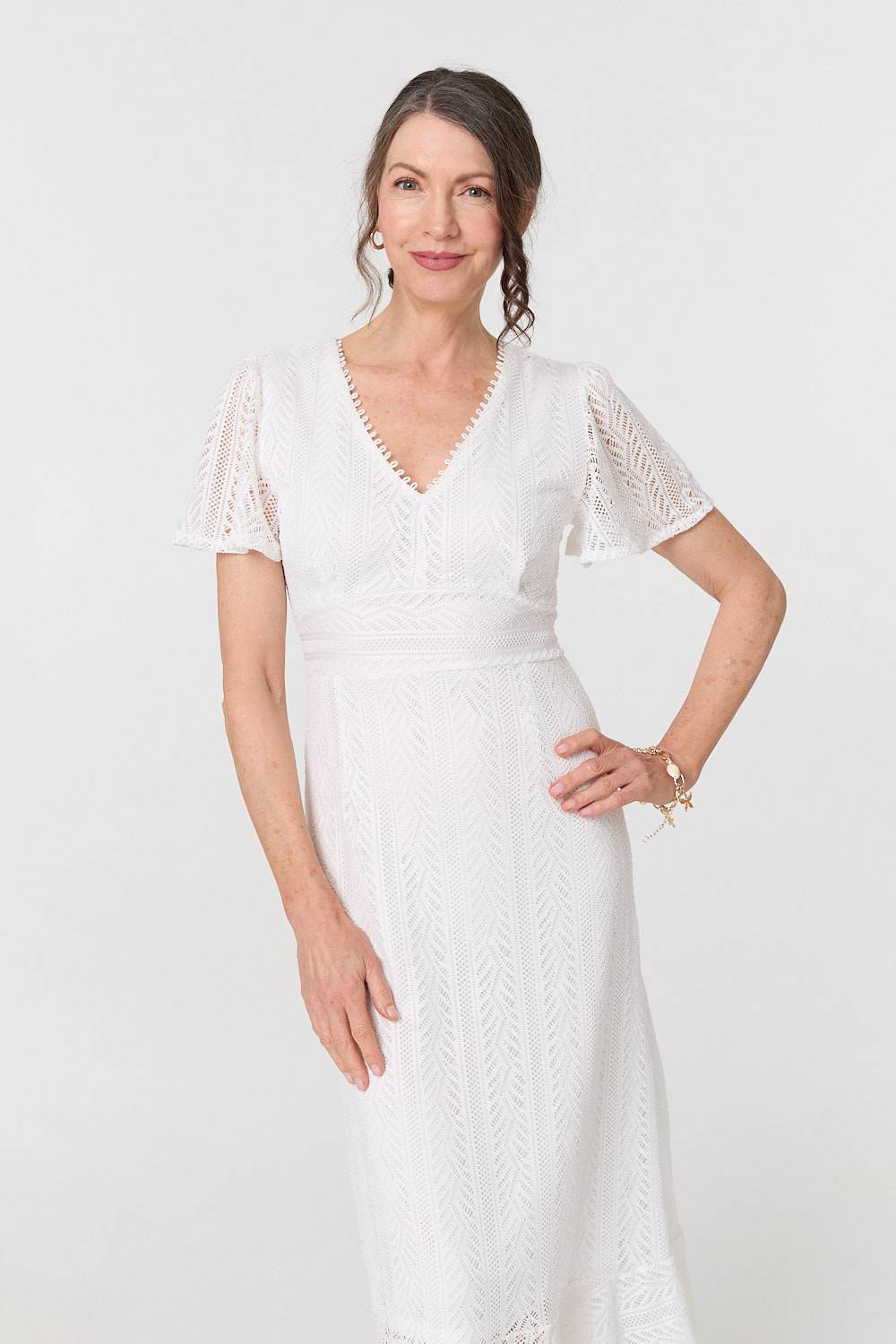 Lace Layered Short Sleeve Midi Dress Full Length View