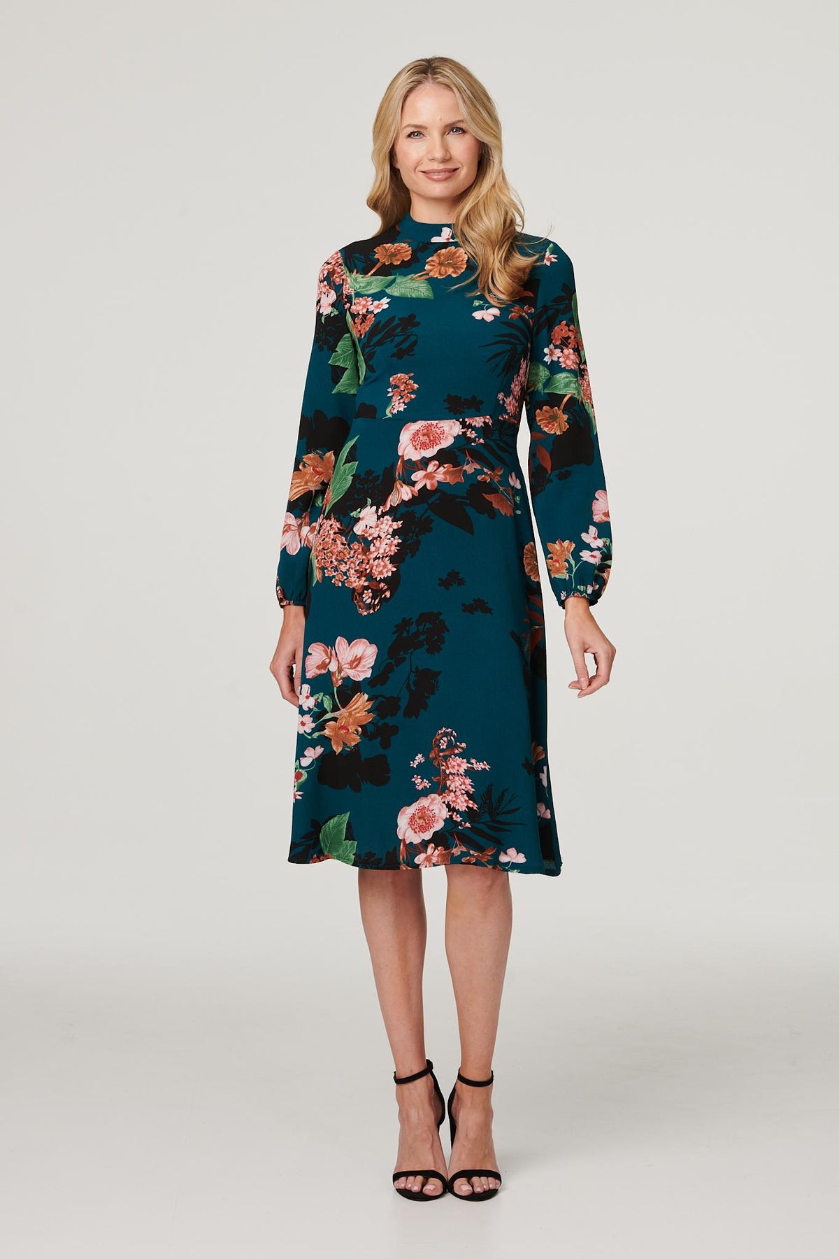 Floral High Neck Midi Dress Styled View