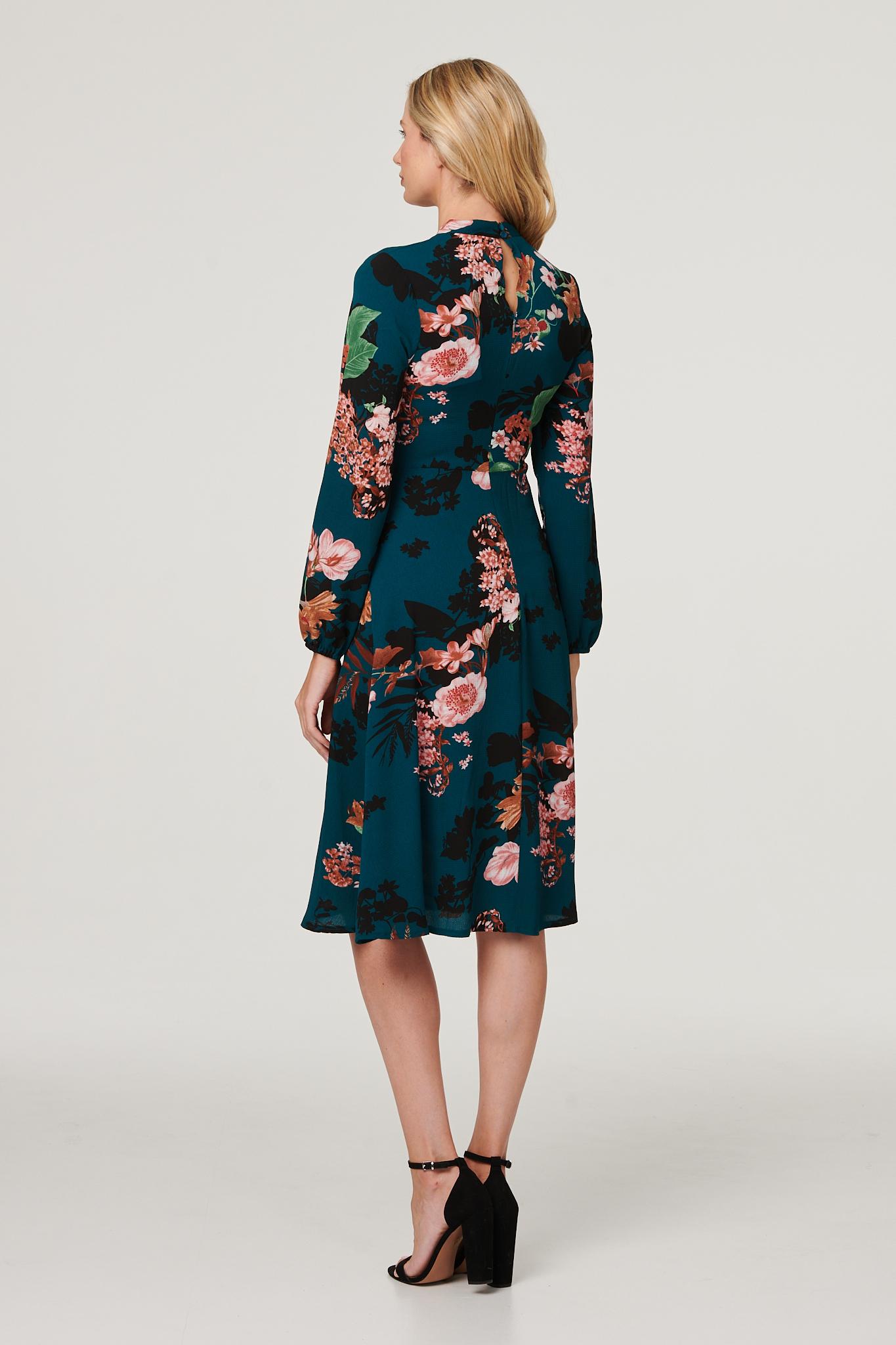Floral High Neck Midi Dress Full Length View