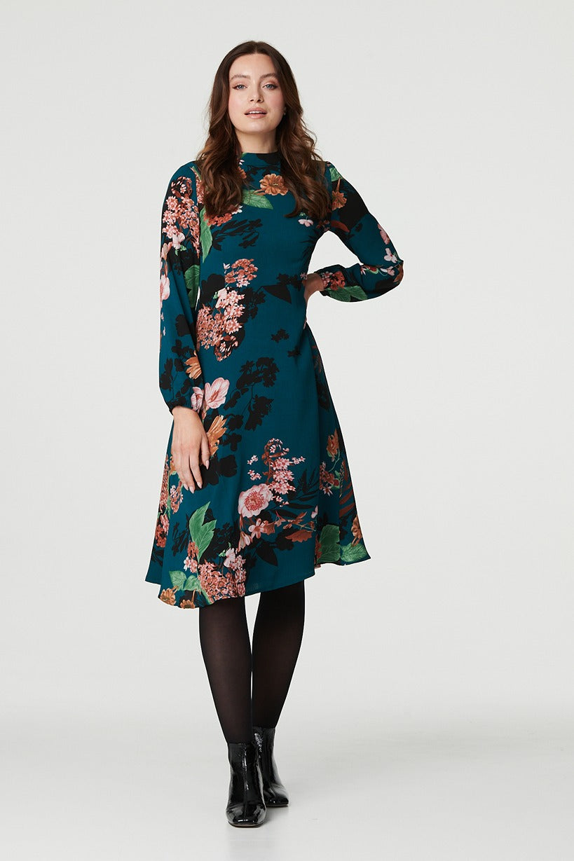 Floral High Neck Midi Dress Back View