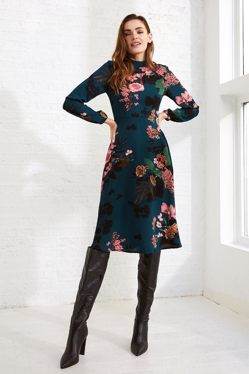 Floral High Neck Midi Dress Front View