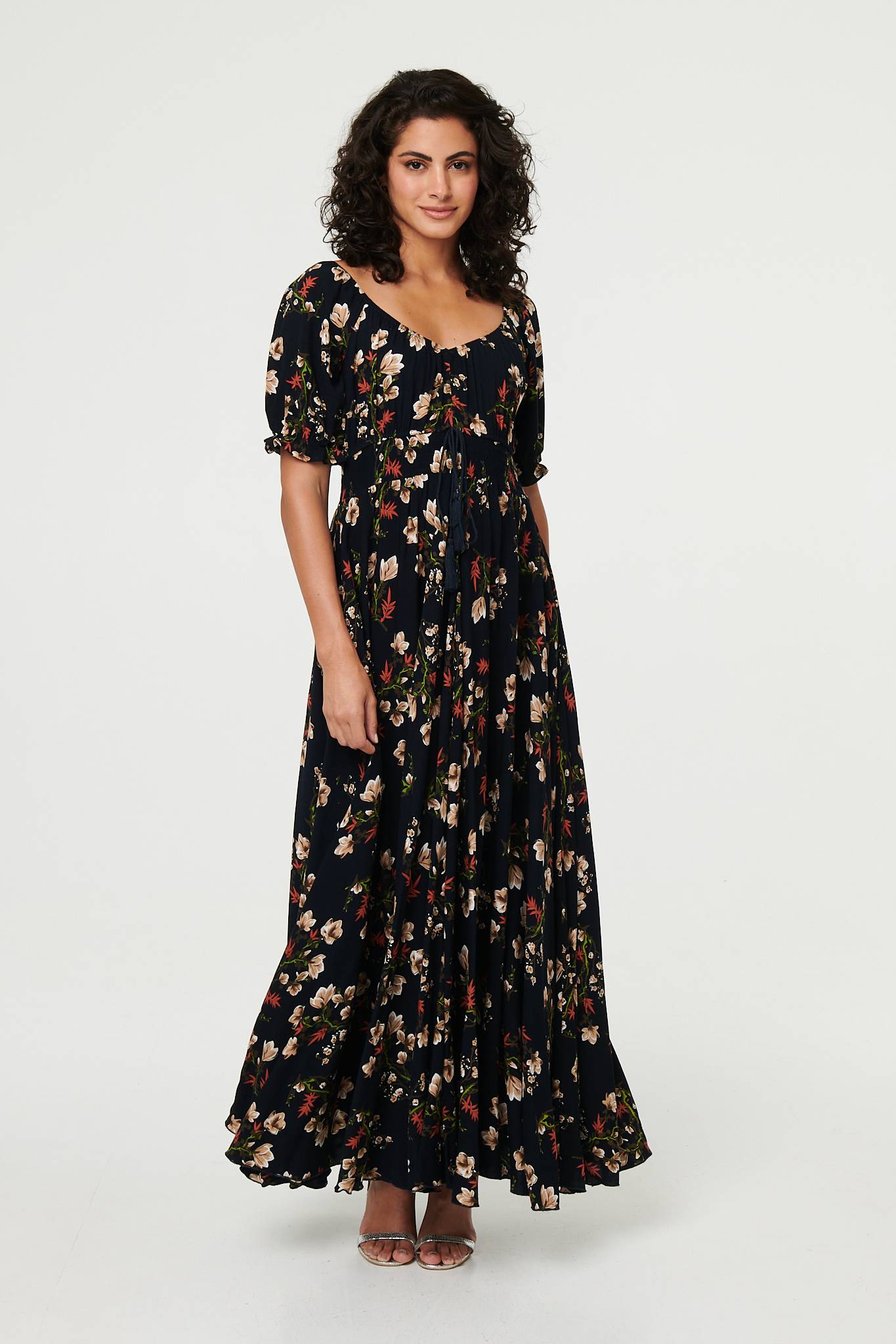 Floral Bardot Shirred Empire Maxi Dress Front View 3