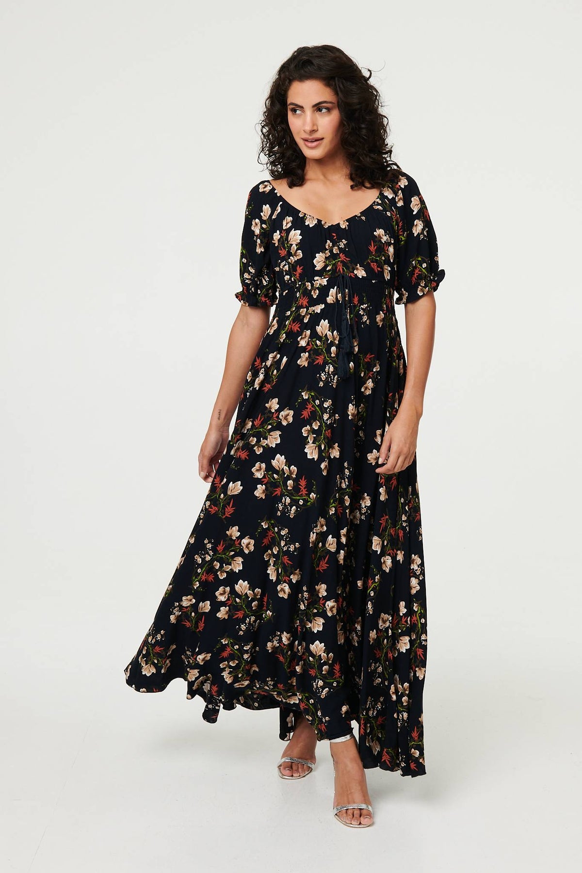 Floral Bardot Shirred Empire Maxi Dress Side View 3
