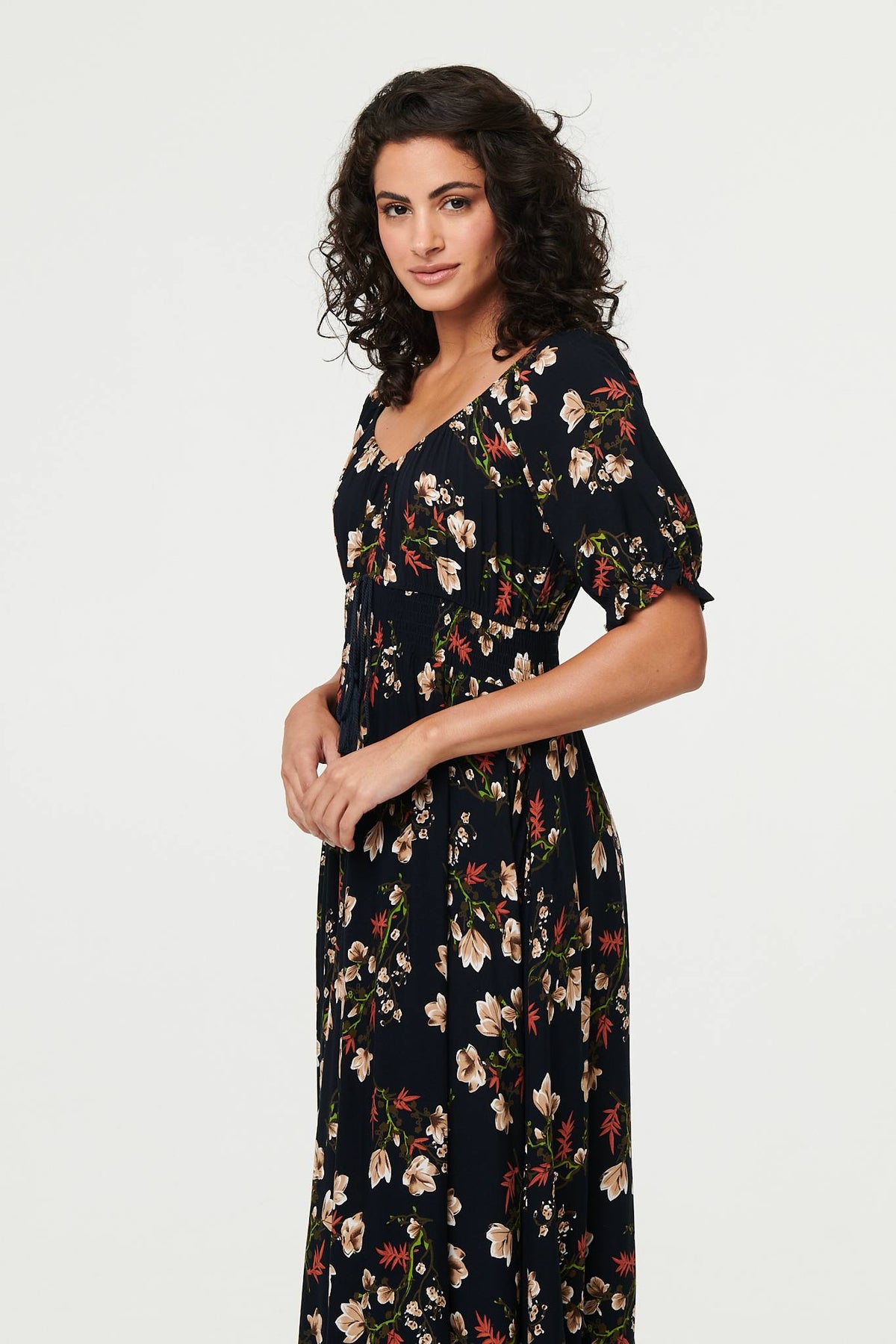 Floral Bardot Shirred Empire Maxi Dress Back View 2