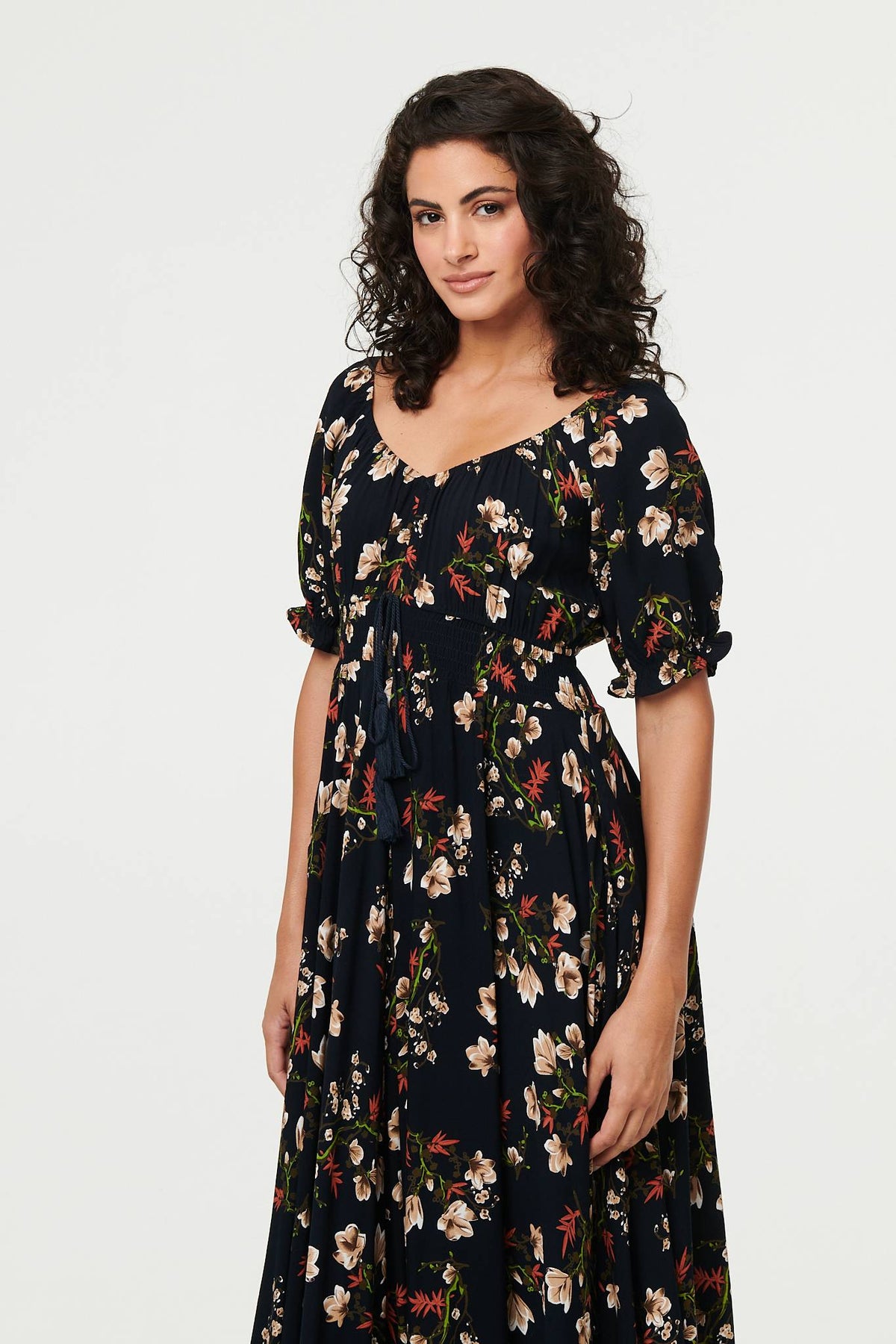 Floral Bardot Shirred Empire Maxi Dress Back View 3