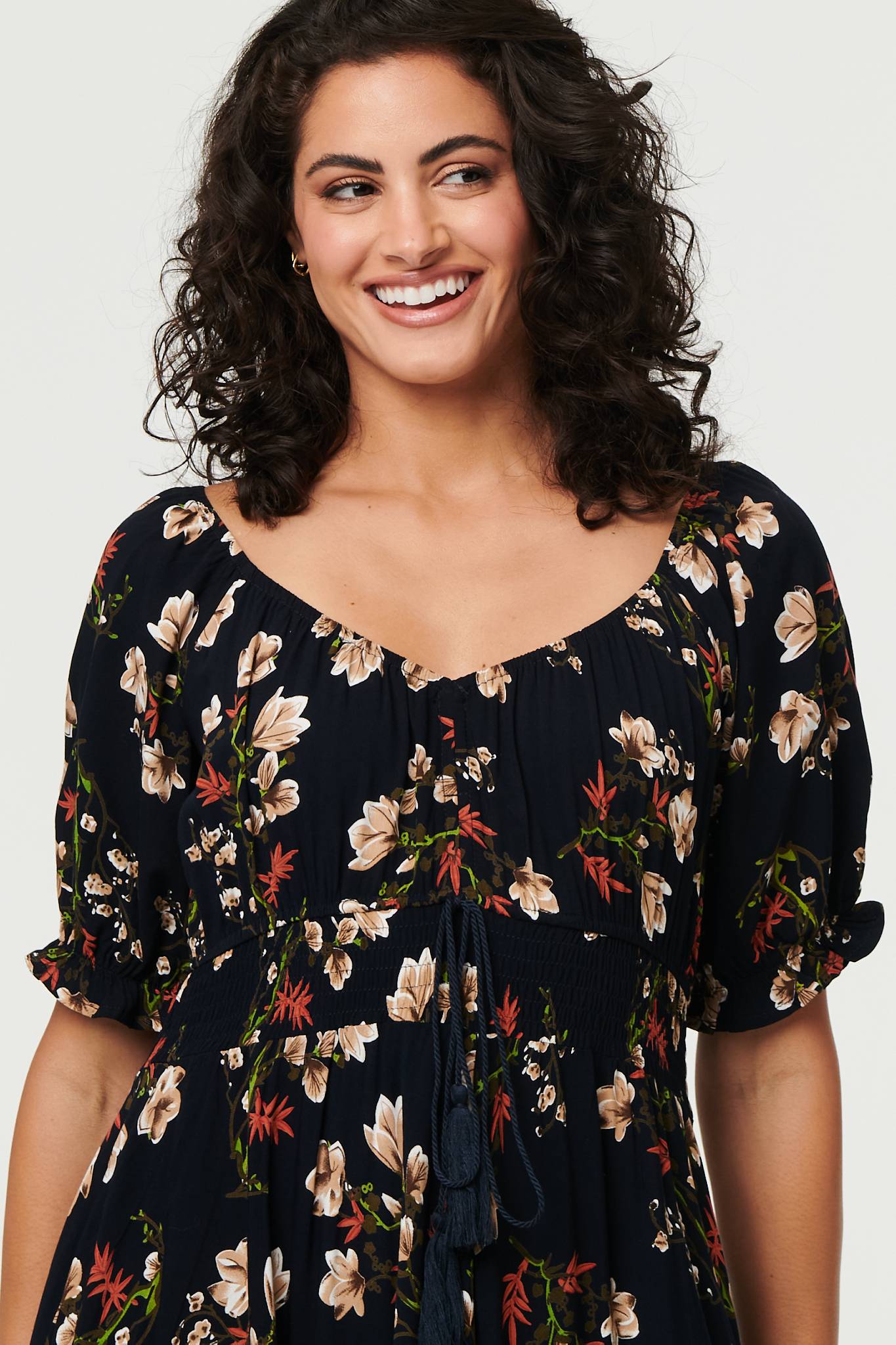 Floral Bardot Shirred Empire Maxi Dress Full Length View