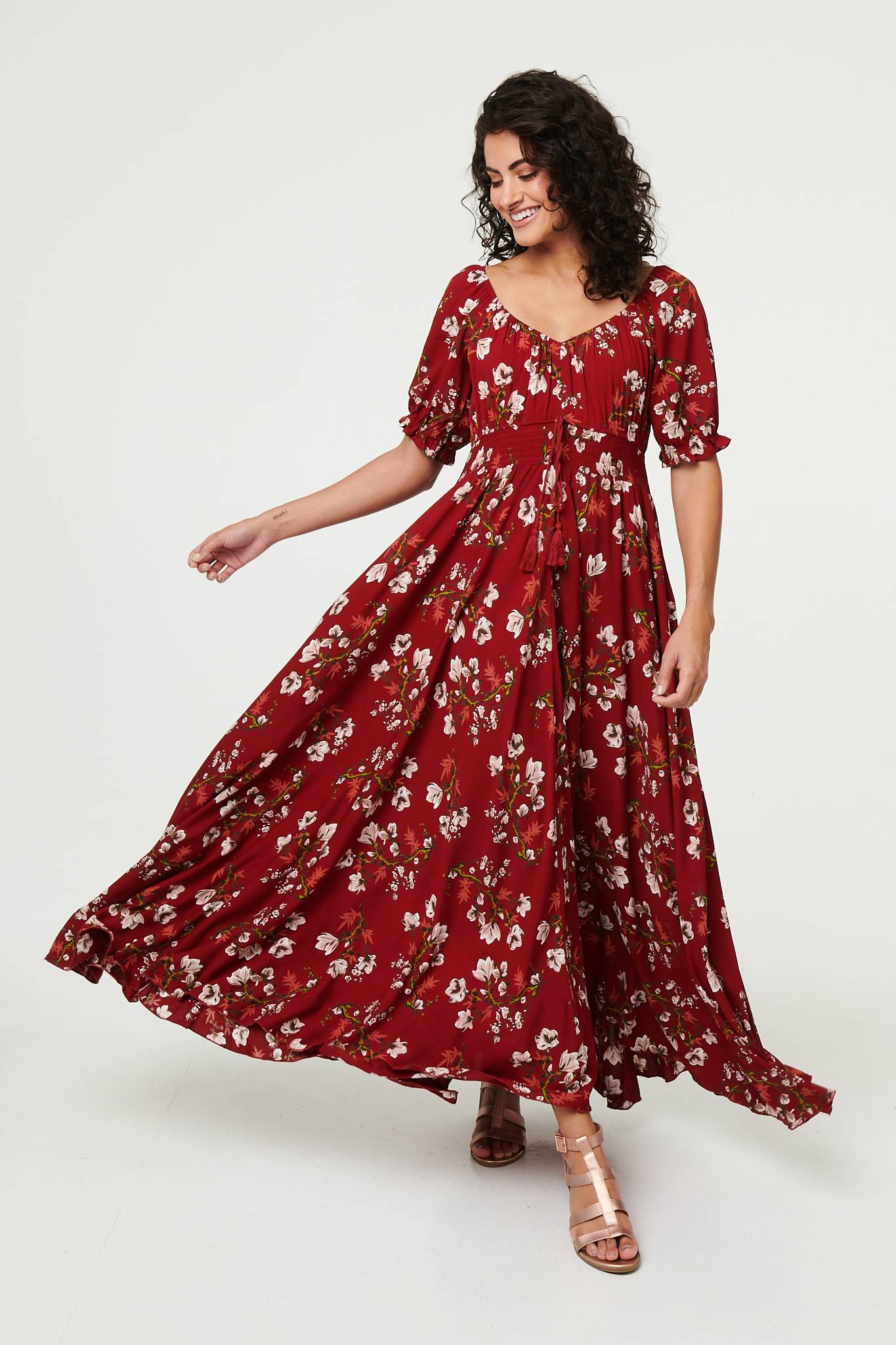 Floral Bardot Shirred Empire Maxi Dress Detail View