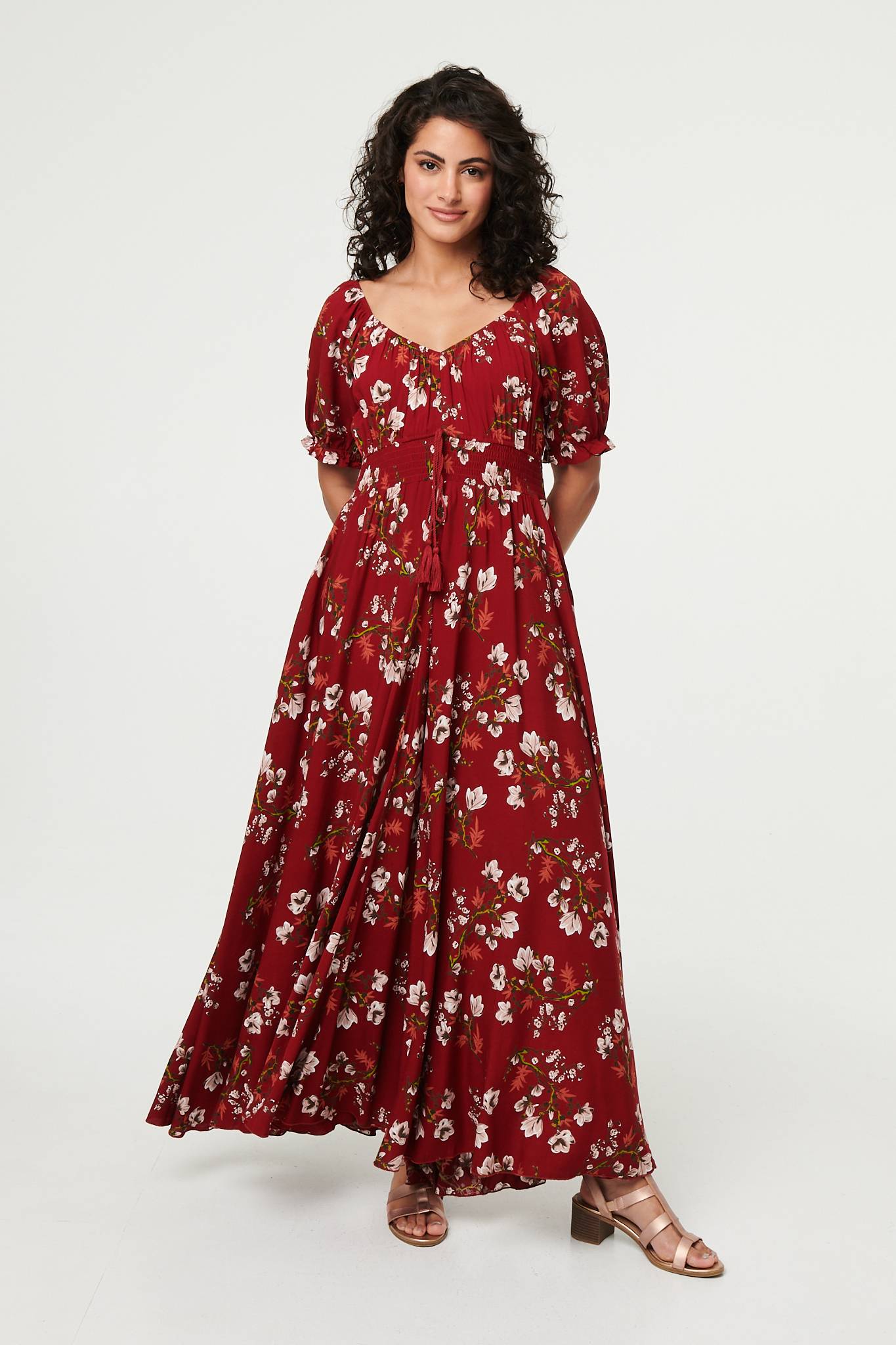 Floral Bardot Shirred Empire Maxi Dress Side View