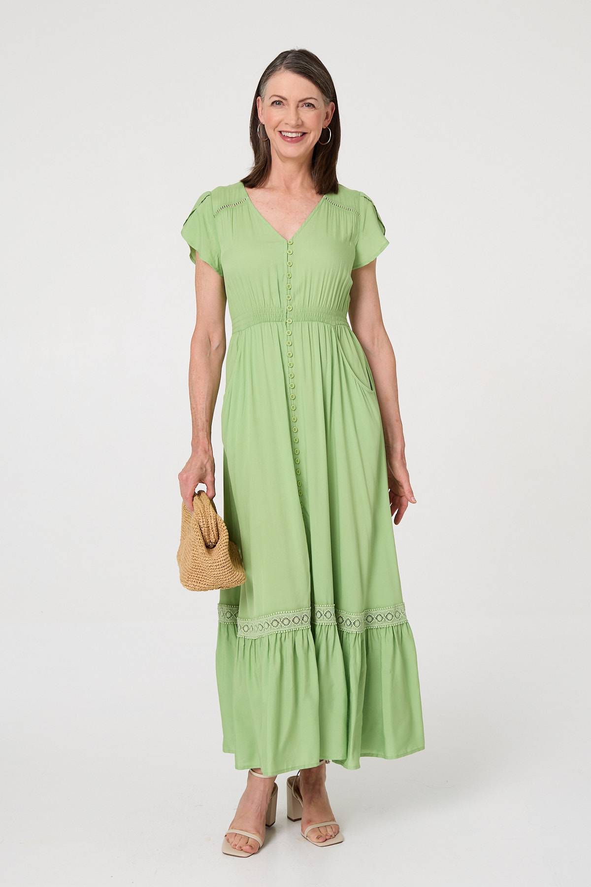 Button Front Maxi Dress with Pockets Front View