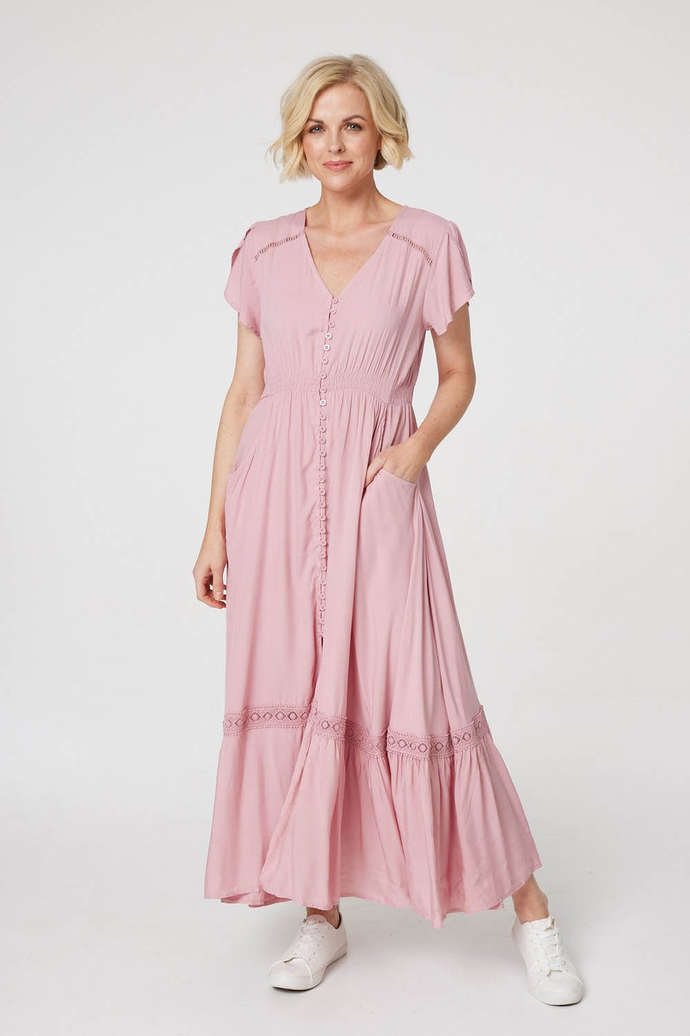 Button Front Maxi Dress with Pockets Styled View 3